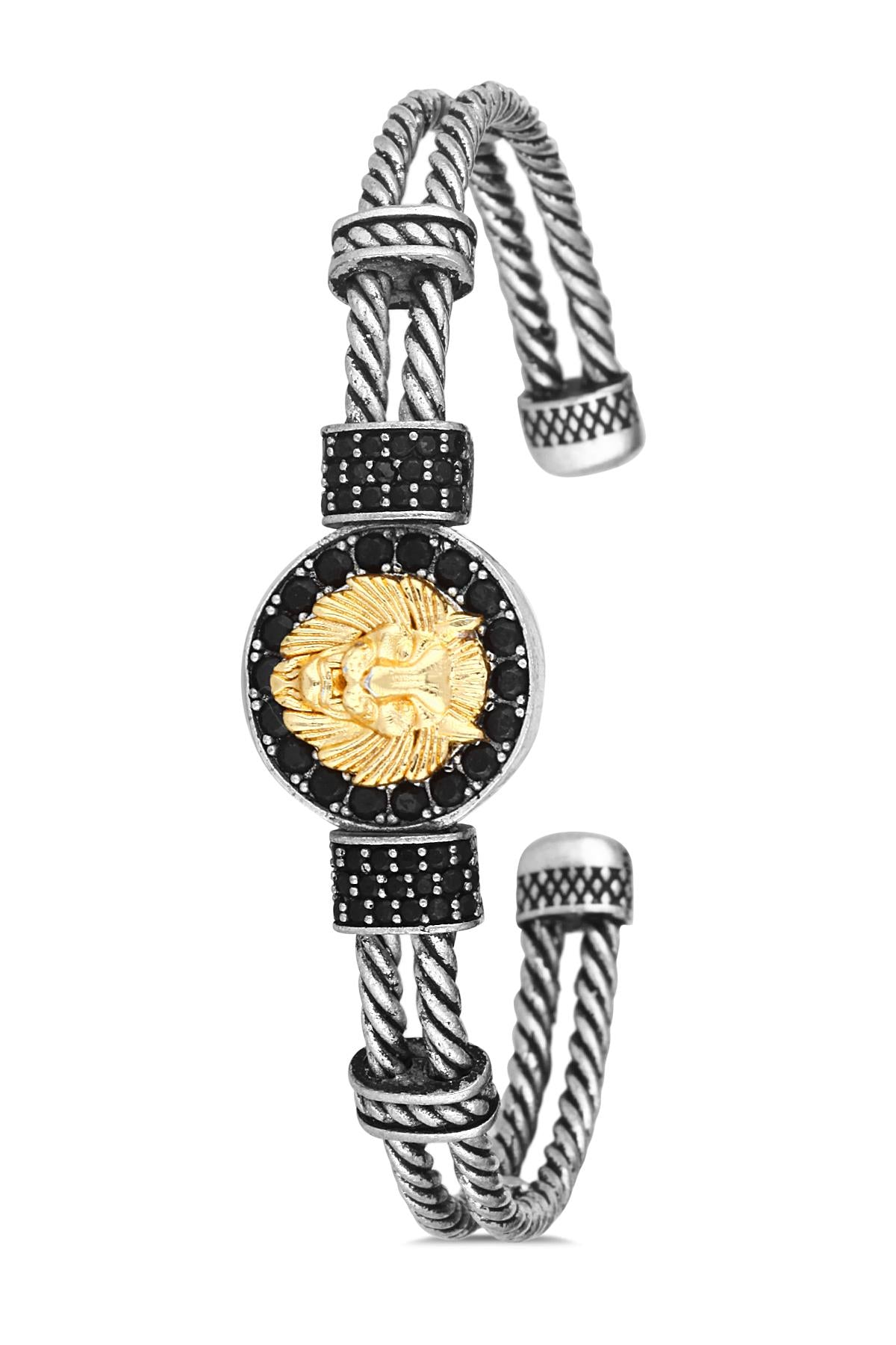 FRNCH Aslan Figürlü Zirkon Taşlı Çift Renkli Handmade Ayarlanabilir Kelepçe Erkek Bileklik FRJ11173-1273-A2G