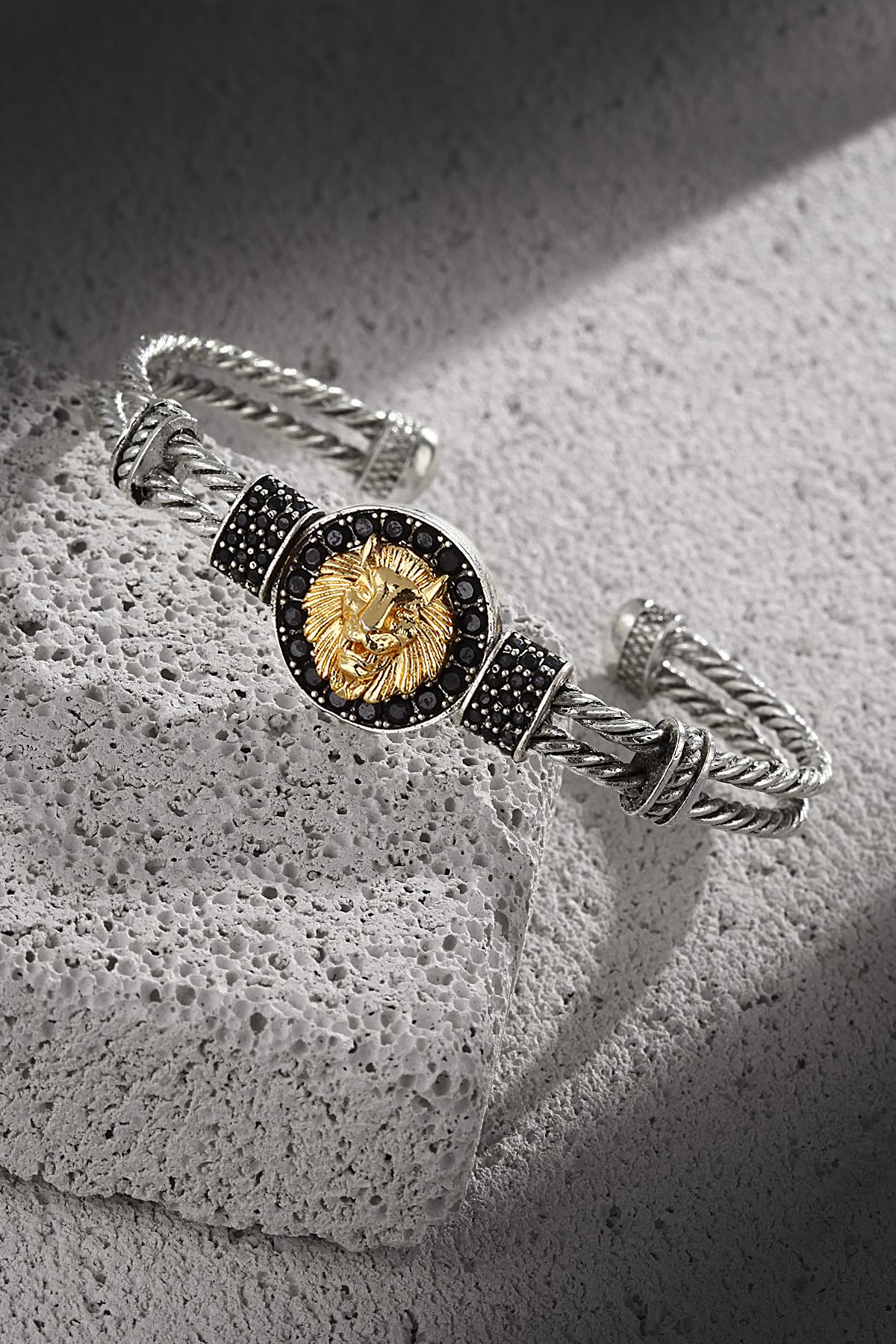 FRNCH Aslan Figürlü Zirkon Taşlı Çift Renkli Handmade Ayarlanabilir Kelepçe Erkek Bileklik FRJ11173-1273-A2G