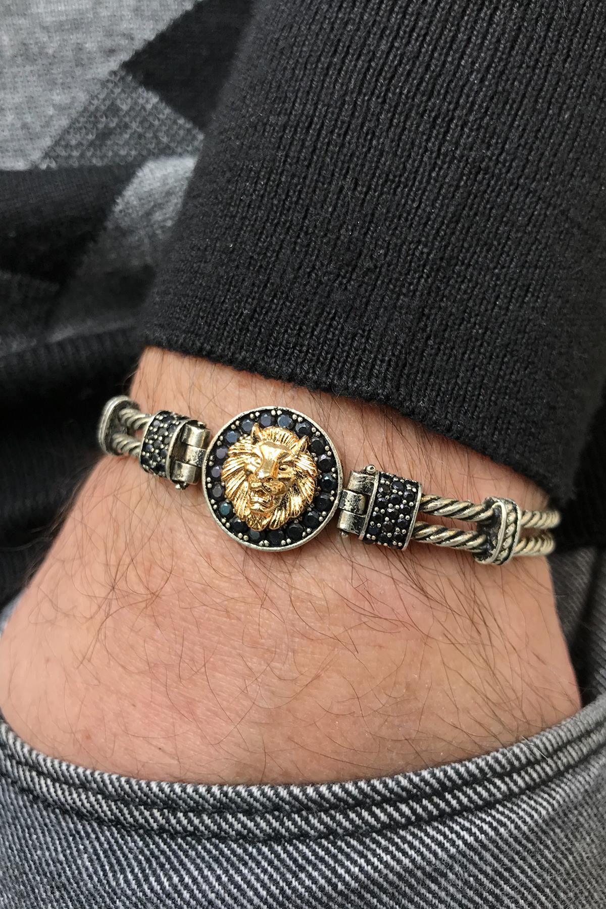 FRNCH Aslan Figürlü Zirkon Taşlı Çift Renkli Handmade Ayarlanabilir Kelepçe Erkek Bileklik FRJ11173-1273-A2G