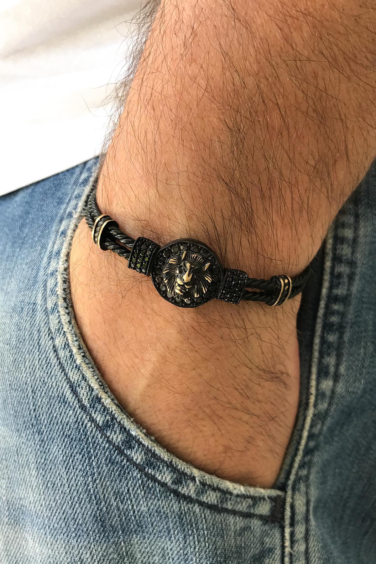 FRNCH Aslan Figürlü Zirkon Taşlı Eskitme Renkli Handmade Kelepçe Erkek Bileklik FRJ11173-1273-B3
