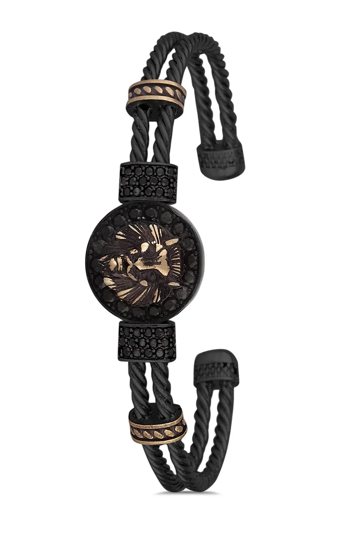 FRNCH Aslan Figürlü Zirkon Taşlı Eskitme Renkli Handmade Kelepçe Erkek Bileklik FRJ11173-1273-B3