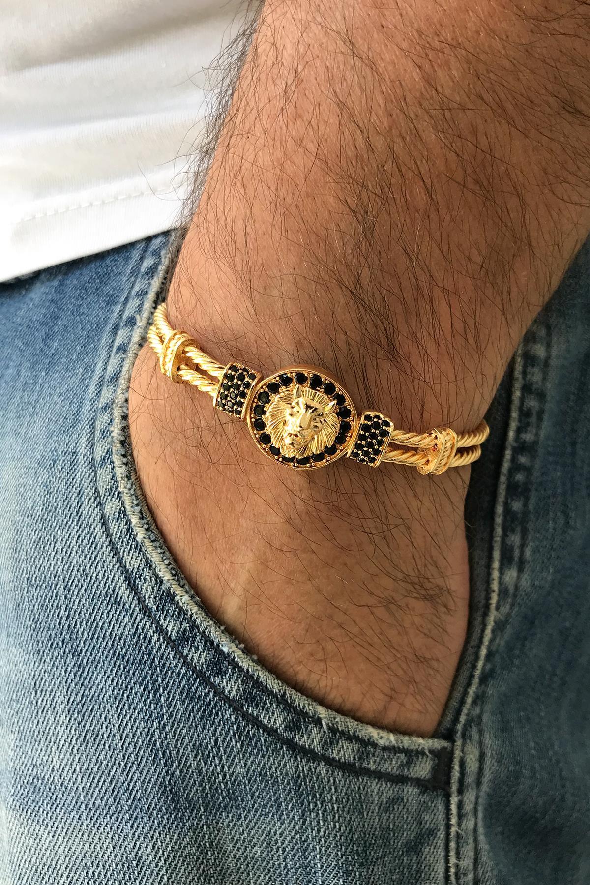 FRNCH Aslan Figürlü Zirkon Taşlı Gold Renkli Handmade Kelepçe Erkek Bileklik FRJ11173-1273-G
