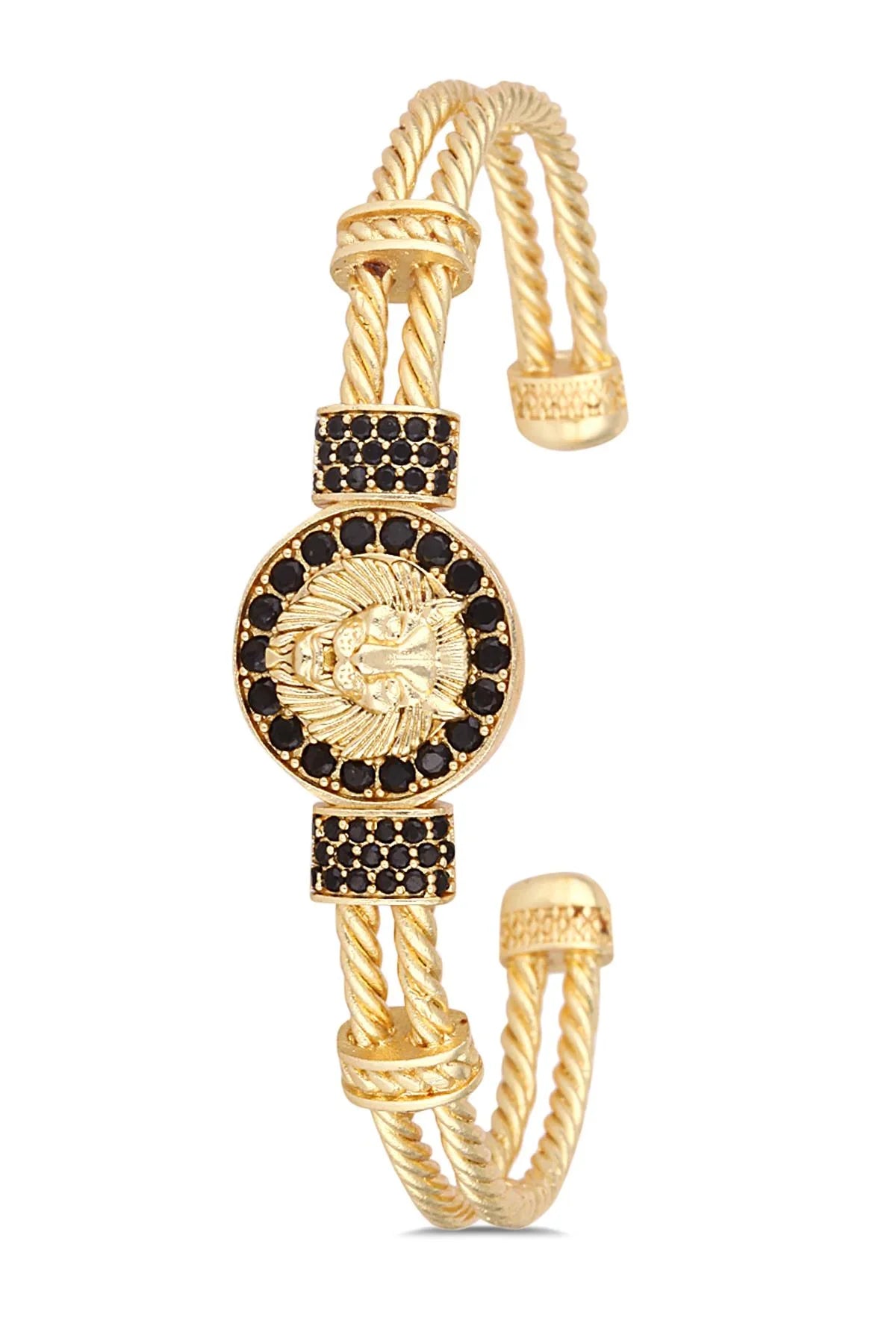 FRNCH Aslan Figürlü Zirkon Taşlı Gold Renkli Handmade Kelepçe Erkek Bileklik FRJ11173-1273-G