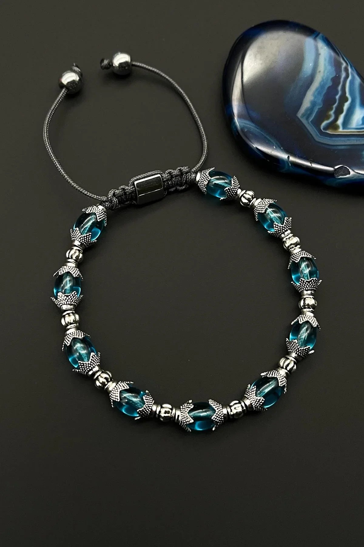 FRNCH Cam Taşlı Mavi Renkli Ayarlanabilir Makrome Erkek Bileklik FRJ11548-1648-M