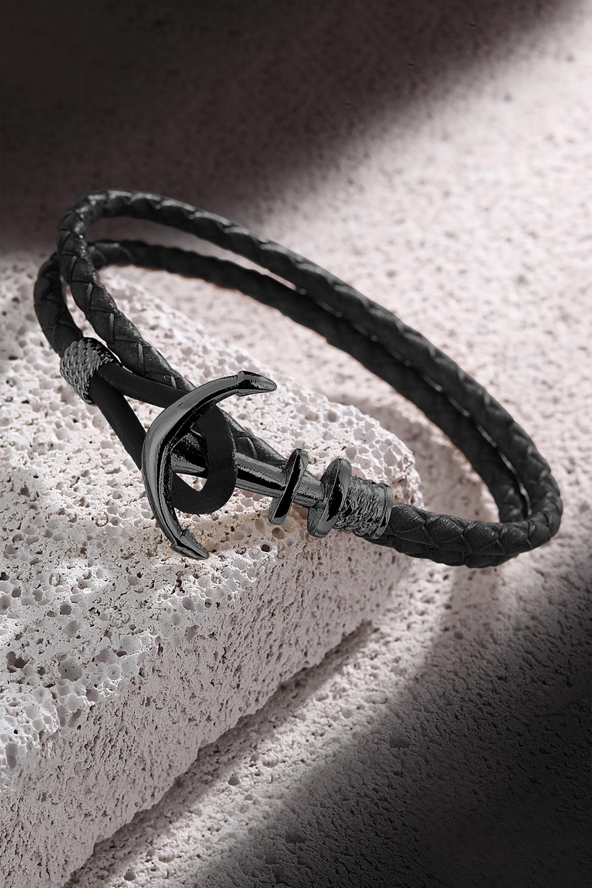 FRNCH Çapa Figürlü Gerçek Deri Handmade Erkek Bileklik FRJ11161-1261-BB