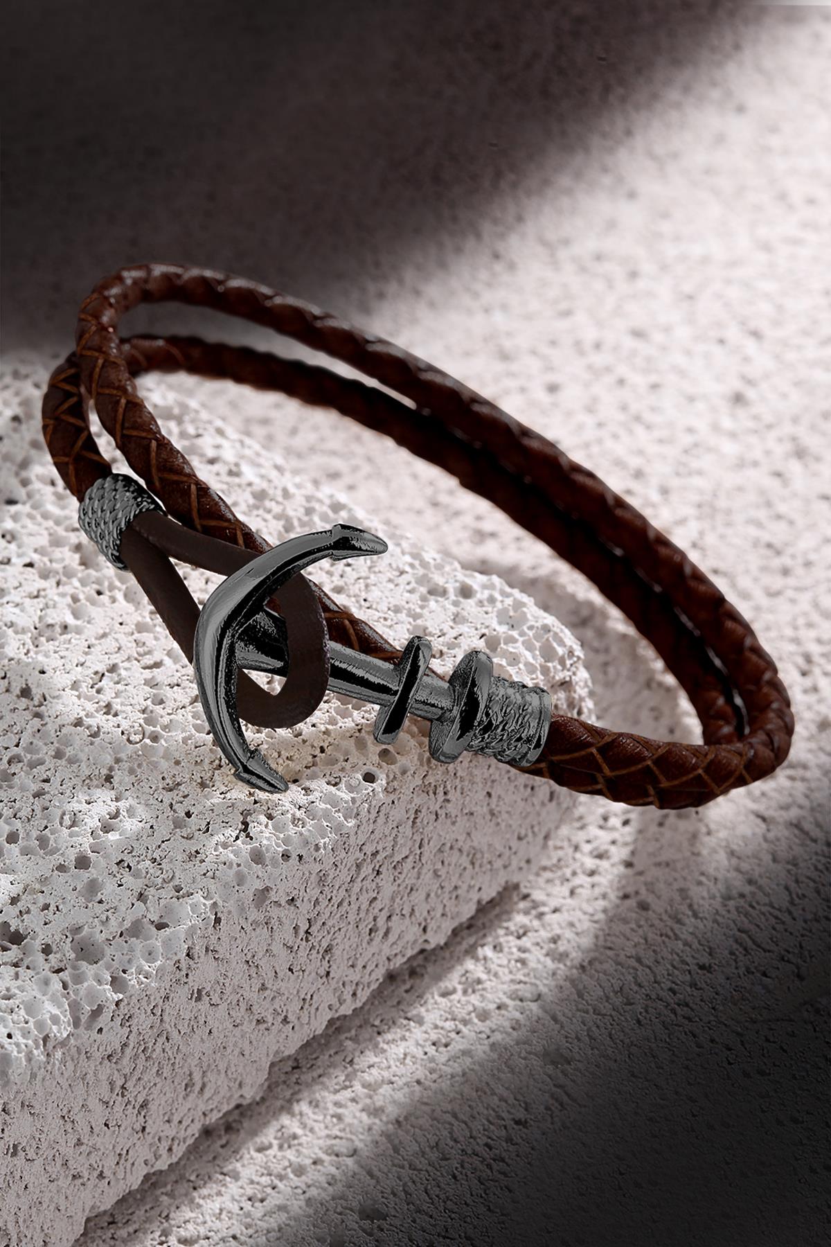 FRNCH Çapa Figürlü Gerçek Deri Handmade Erkek Bileklik FRJ11161-1261-RB
