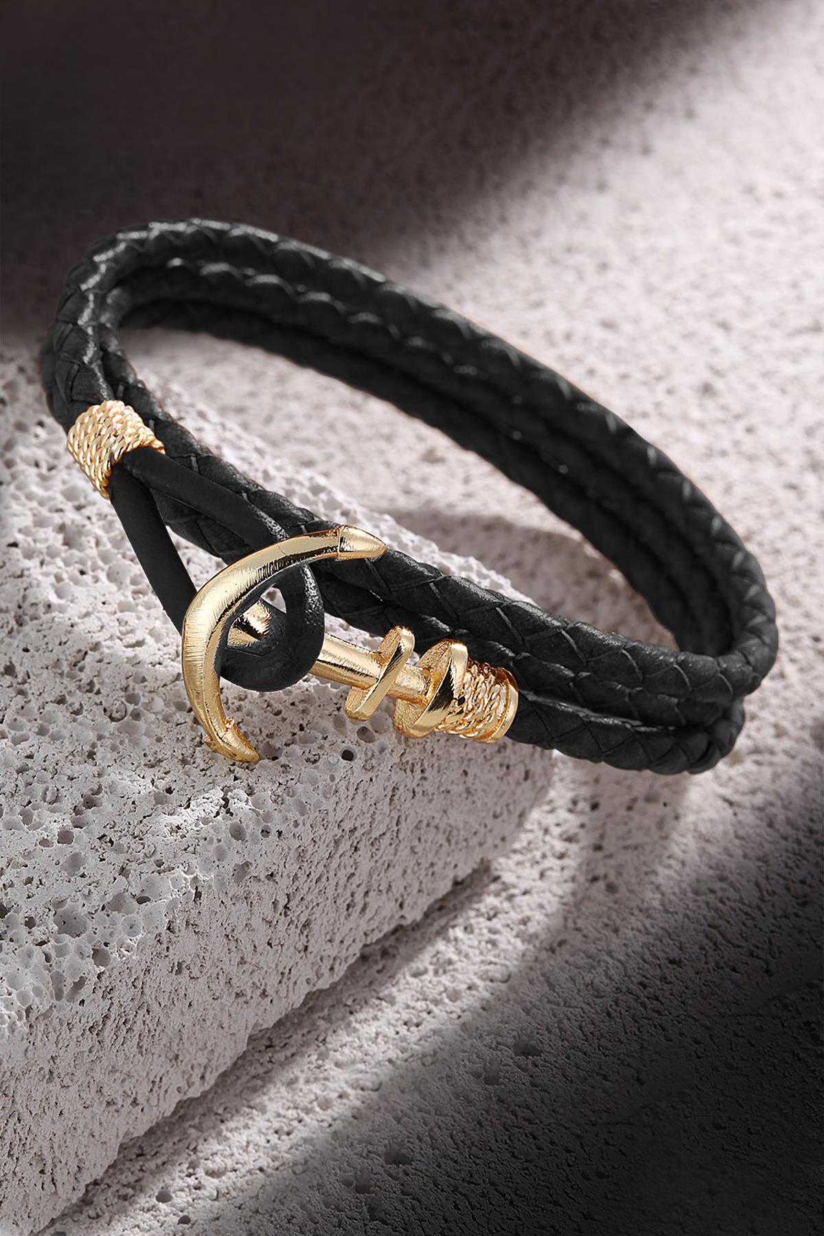 FRNCH Çapa Figürlü Gerçek Deri Handmade Erkek Bileklik FRJ11162-1262-BG