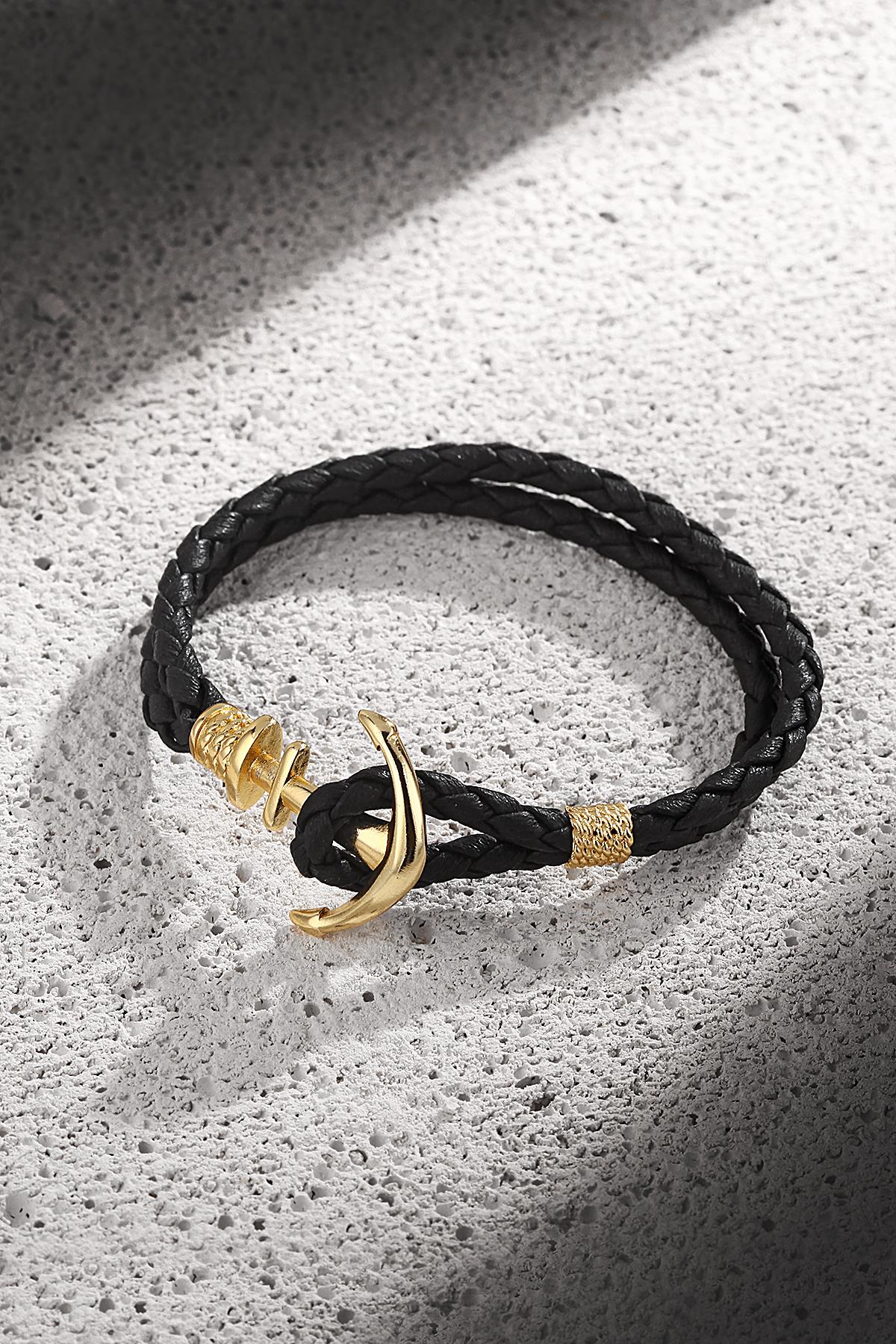 FRNCH Çapa Figürlü Gerçek Derili Siyah-Gold Renkli Handmade Erkek Bileklik FRJ11261-1361-G