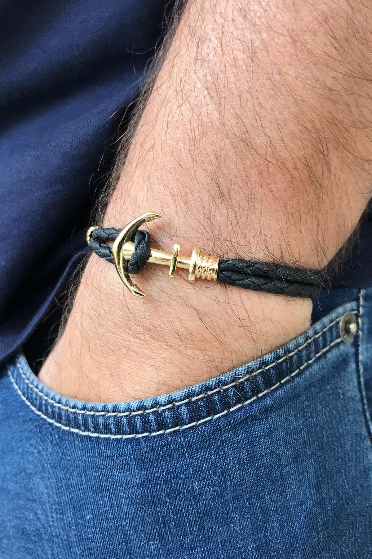 FRNCH Çapa Figürlü Gerçek Derili Siyah-Gold Renkli Handmade Erkek Bileklik FRJ11261-1361-G