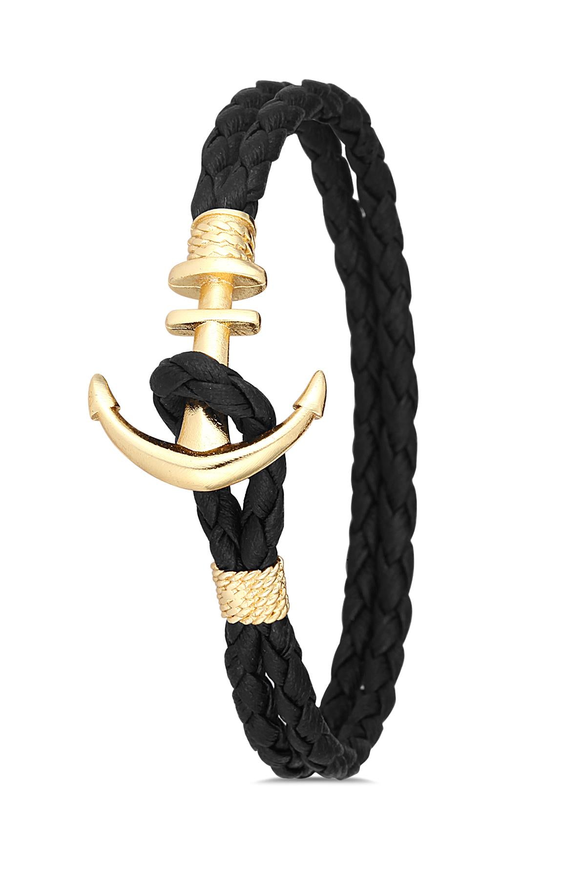 FRNCH Çapa Figürlü Gerçek Derili Siyah-Gold Renkli Handmade Erkek Bileklik FRJ11261-1361-G