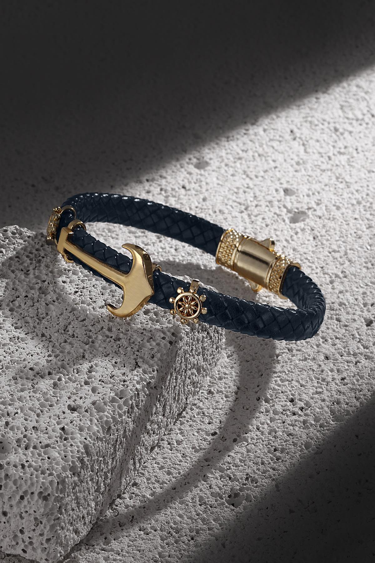 FRNCH Çapa Figürlü Lacivert-Gold Renkli Zirkon Taşlı Handmade Deri Erkek Bileklik FRJ11230-1330-L2G