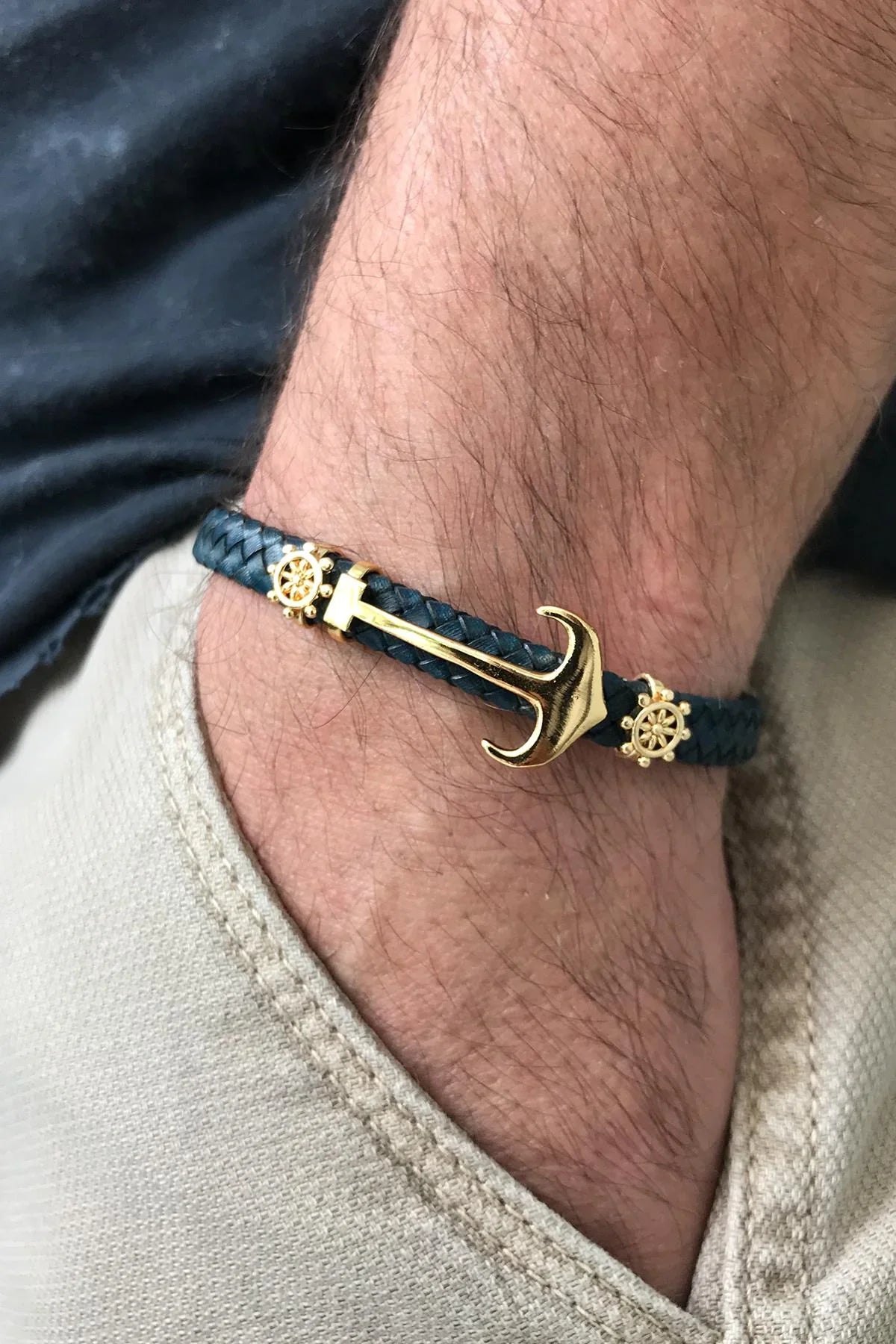 FRNCH Çapa Figürlü Lacivert-Gold Renkli Zirkon Taşlı Handmade Deri Erkek Bileklik FRJ11230-1330-L2G