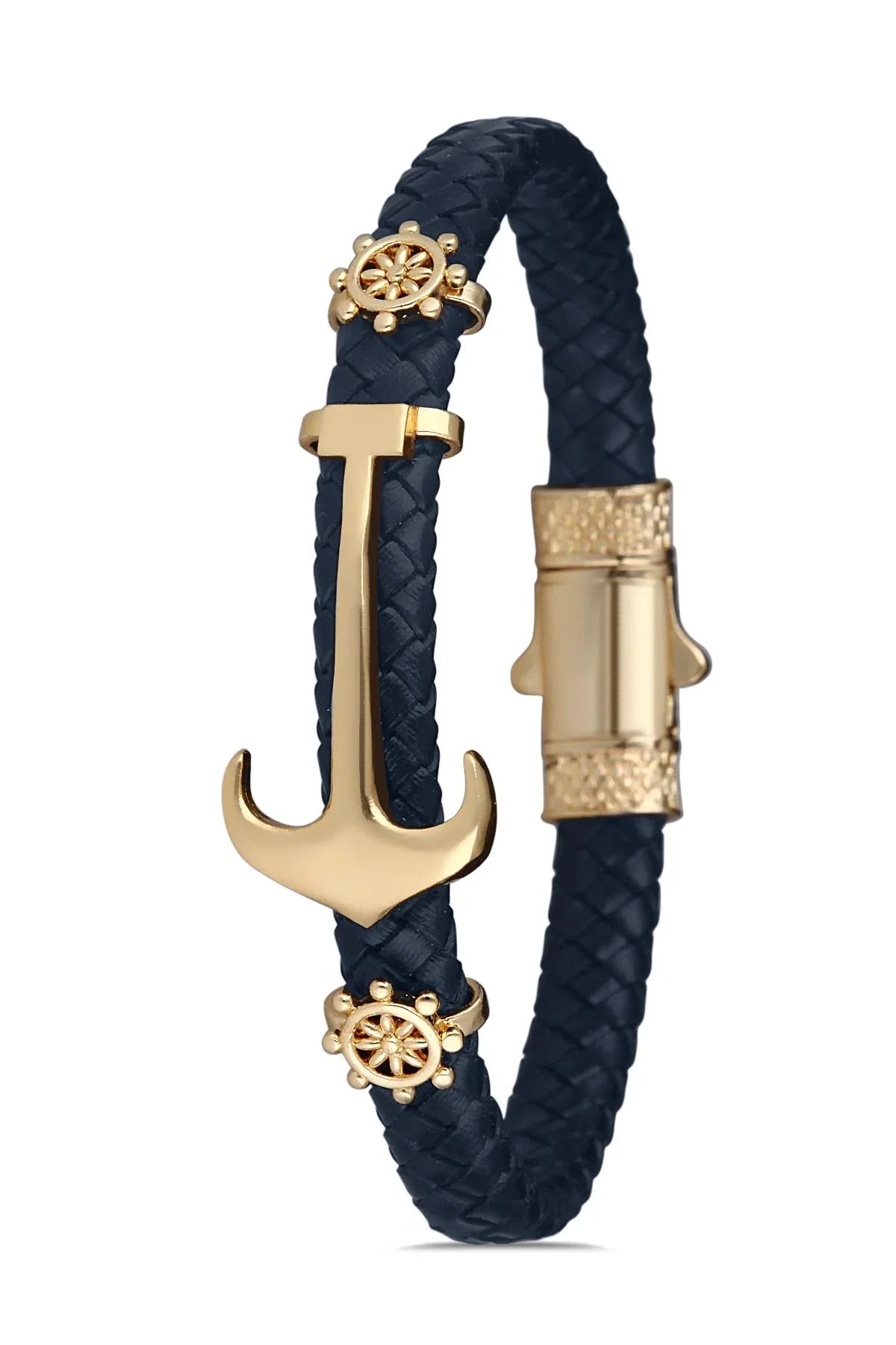 FRNCH Çapa Figürlü Lacivert-Gold Renkli Zirkon Taşlı Handmade Deri Erkek Bileklik FRJ11230-1330-L2G