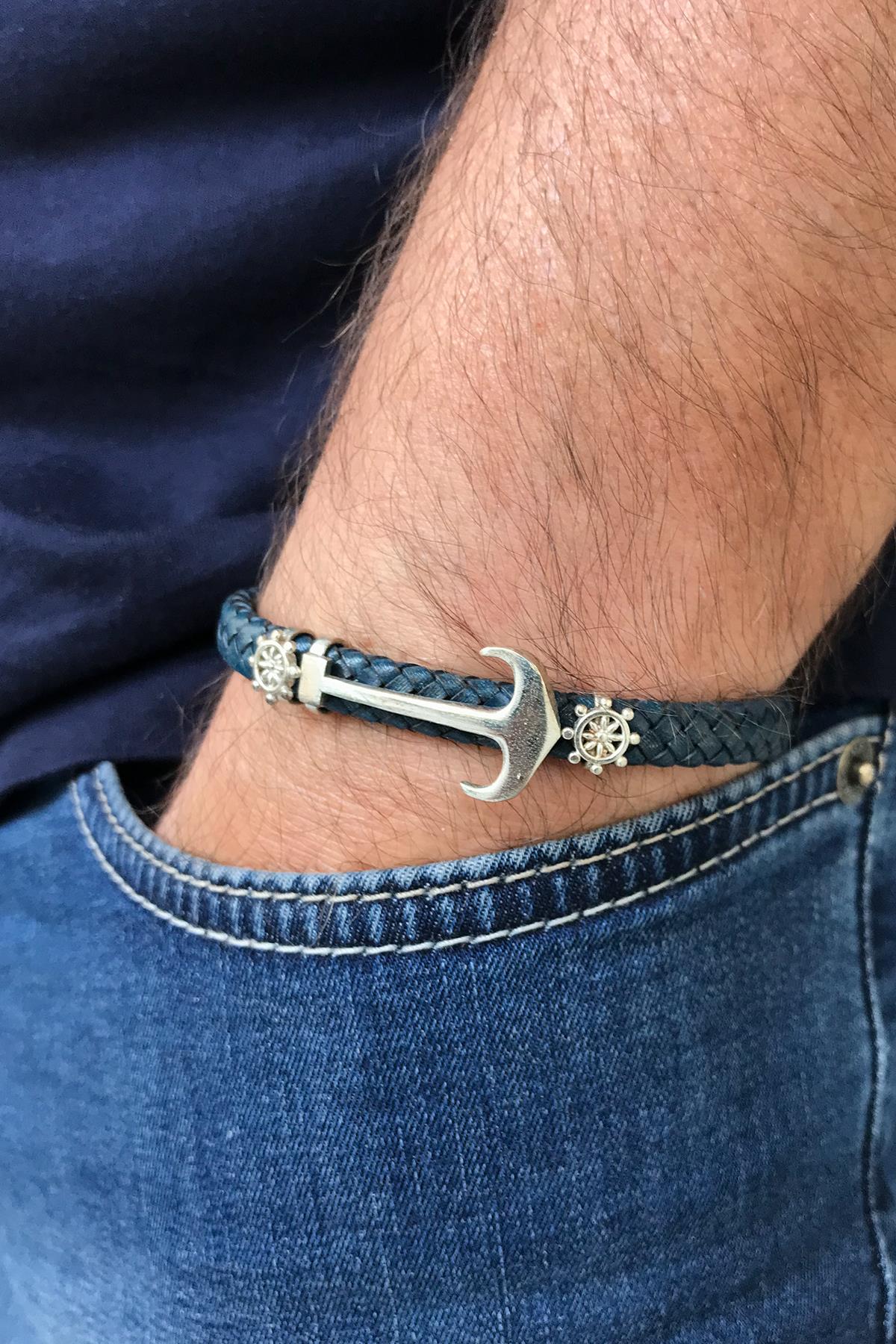 FRNCH Çapa Figürlü Lacivert-Gümüş Renkli Handmade Deri Erkek Bileklik FRJ11230-1330-L2A