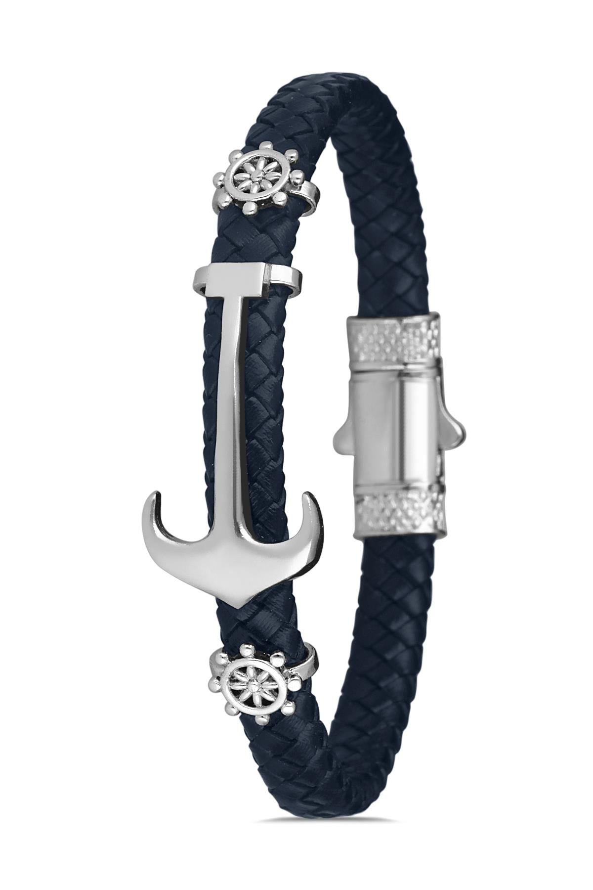 FRNCH Çapa Figürlü Lacivert-Gümüş Renkli Handmade Deri Erkek Bileklik FRJ11230-1330-L2A