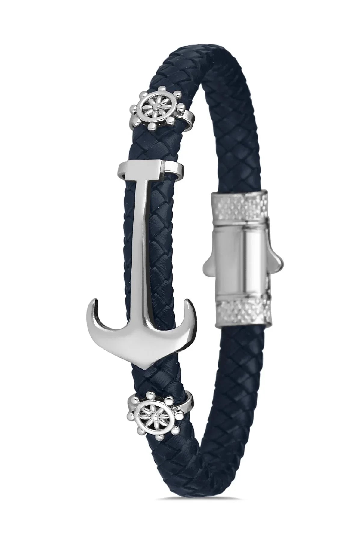 FRNCH Çapa Figürlü Lacivert-Gümüş Renkli Handmade Deri Erkek Bileklik FRJ11230-1330-L2A