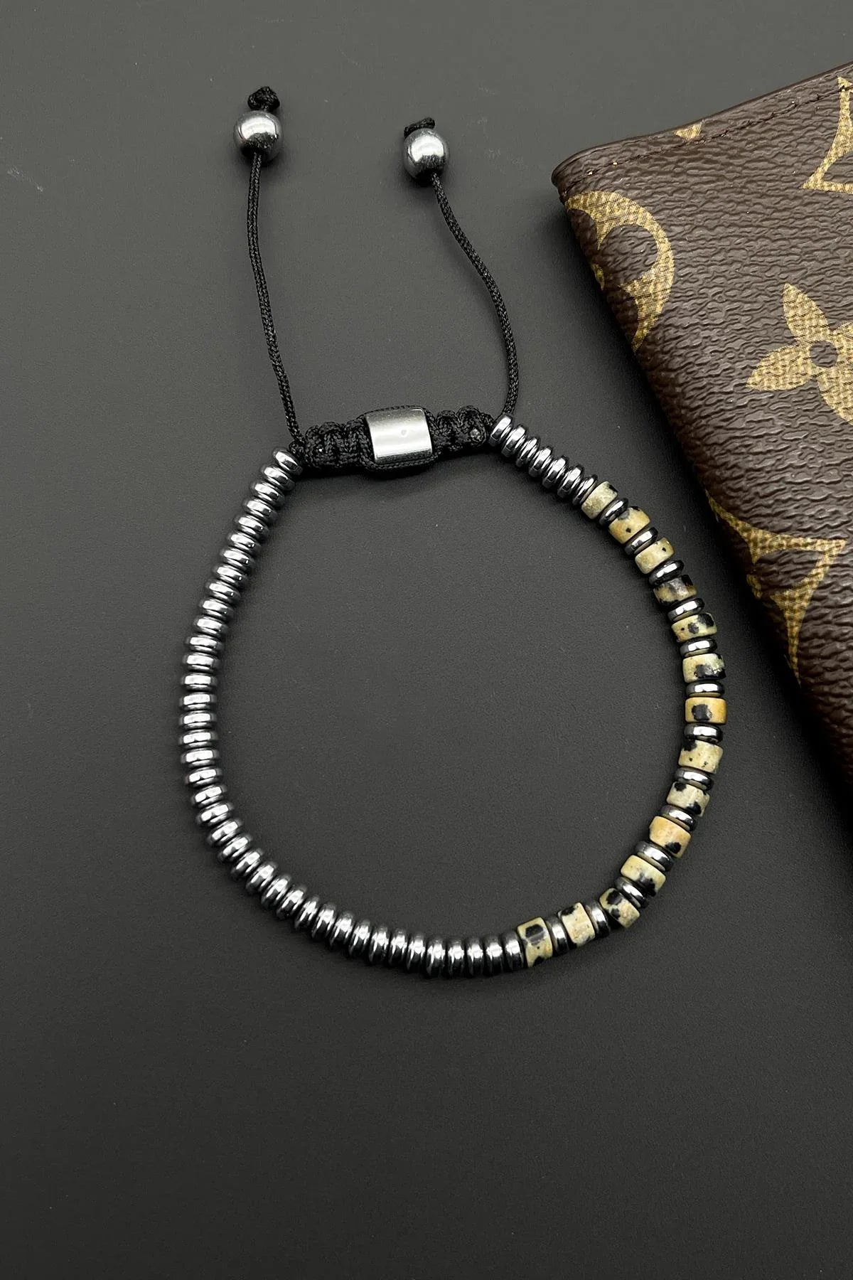FRNCH Dalmaçyalı Jasper Doğal Taşlı Bej Renkli Ayarlanabilir Makrome Erkek Bileklik FRJ11531-1631-B2