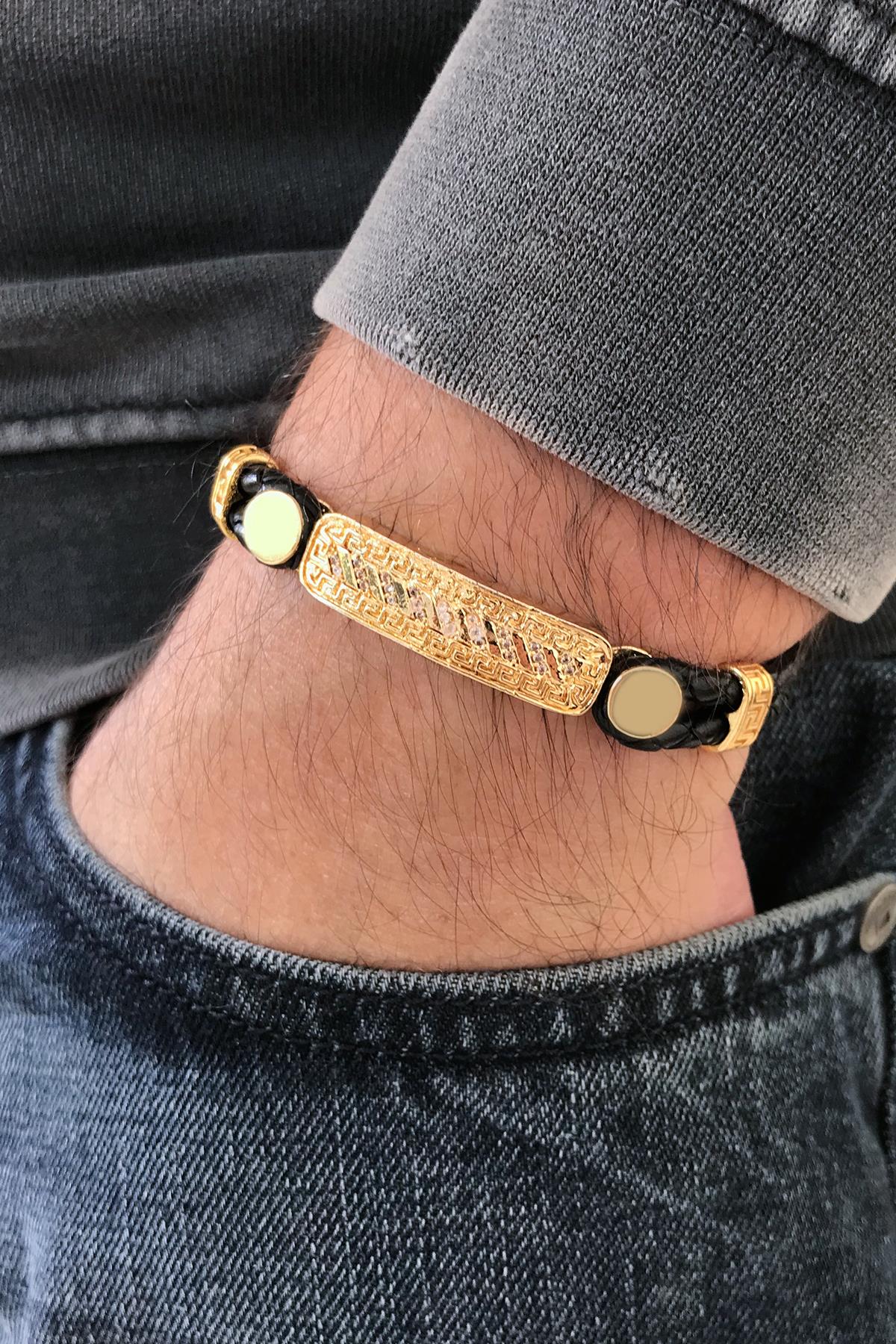 FRNCH Desenli Beyaz Zirkon Taşlı Gold Renkli Deri Erkek Bileklik FRJ11285-1385-G