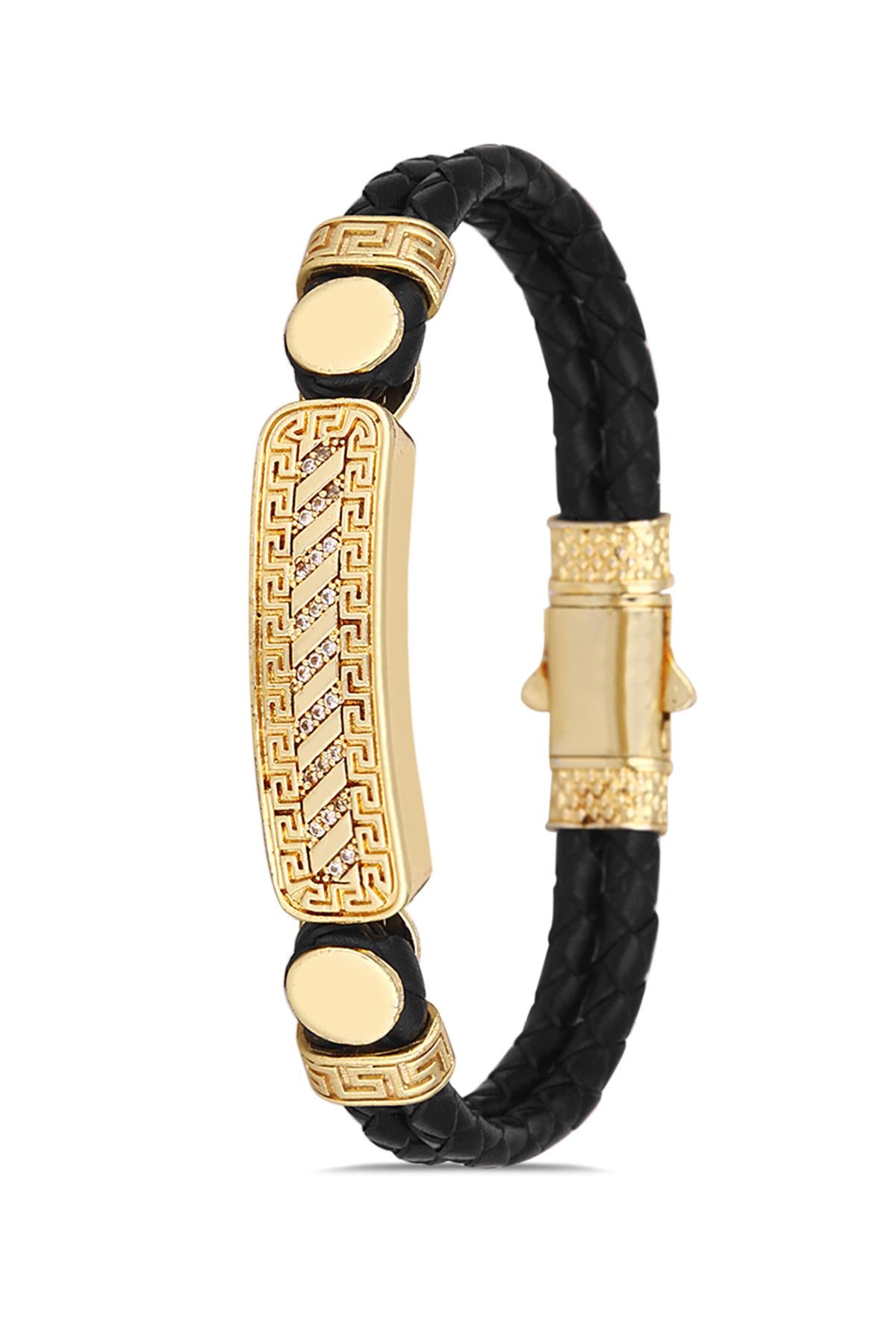 FRNCH Desenli Beyaz Zirkon Taşlı Gold Renkli Deri Erkek Bileklik FRJ11285-1385-G