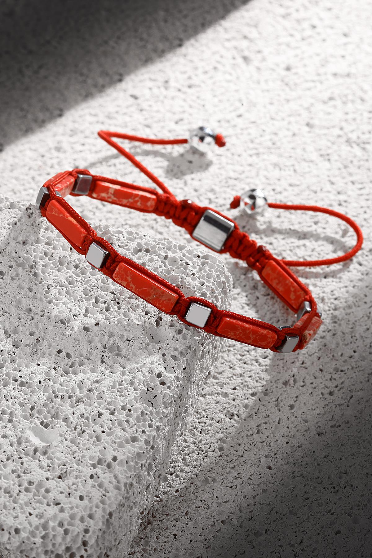 FRNCH Doğal Taşlı Kırmızı Renkli Ayarlanabilir Erkek Bileklik FRJ11253-1353-K