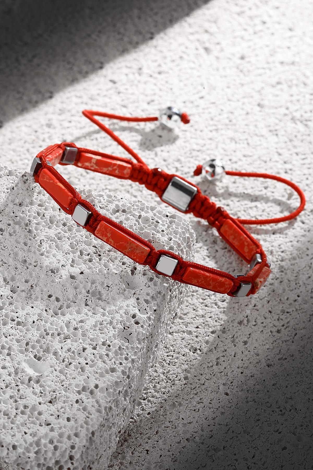 FRNCH Doğal Taşlı Kırmızı Renkli Ayarlanabilir Erkek Bileklik FRJ11253-1353-K