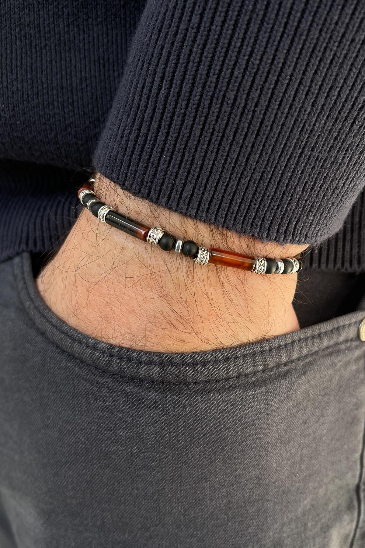 FRNCH Doğal Taşlı Siyah-Kahverengi Renkli Ayarlanabilir Makrome Erkek Bileklik FRJ11338-1438-SK