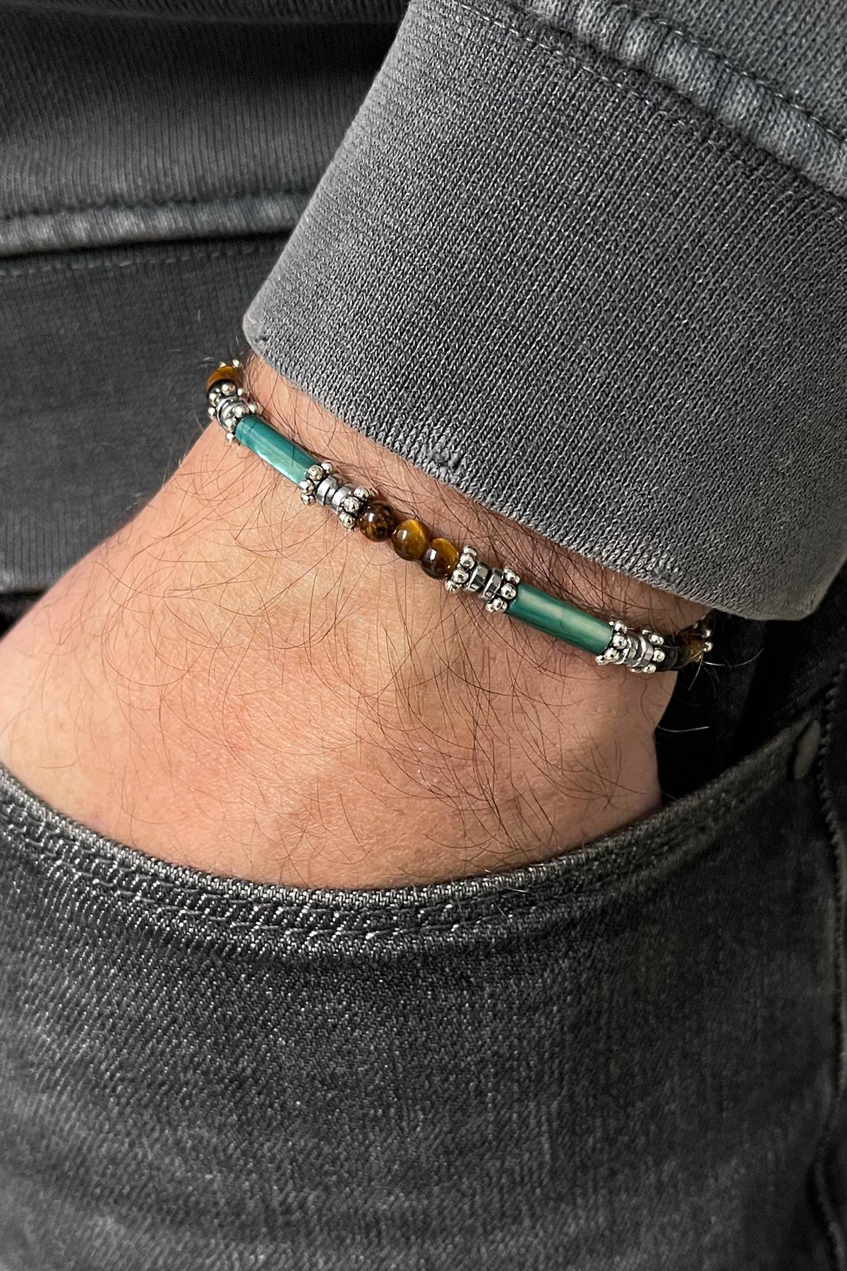 FRNCH Doğal Taşlı Yeşil-Kahverengi Renkli Ayarlanabilir Makrome Erkek Bileklik FRJ11341-1441-KY3