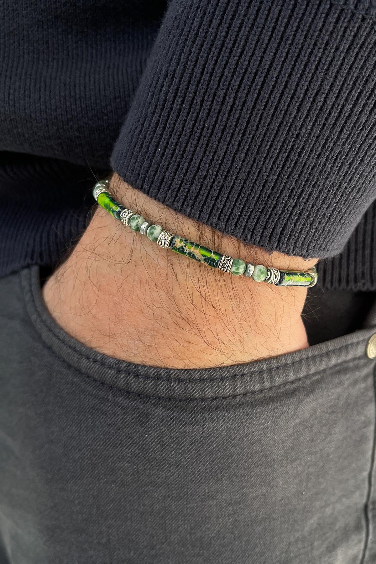 FRNCH Doğal Taşlı Yeşil Renkli Ayarlanabilir Makrome Erkek Bileklik FRJ11338-1438-Y