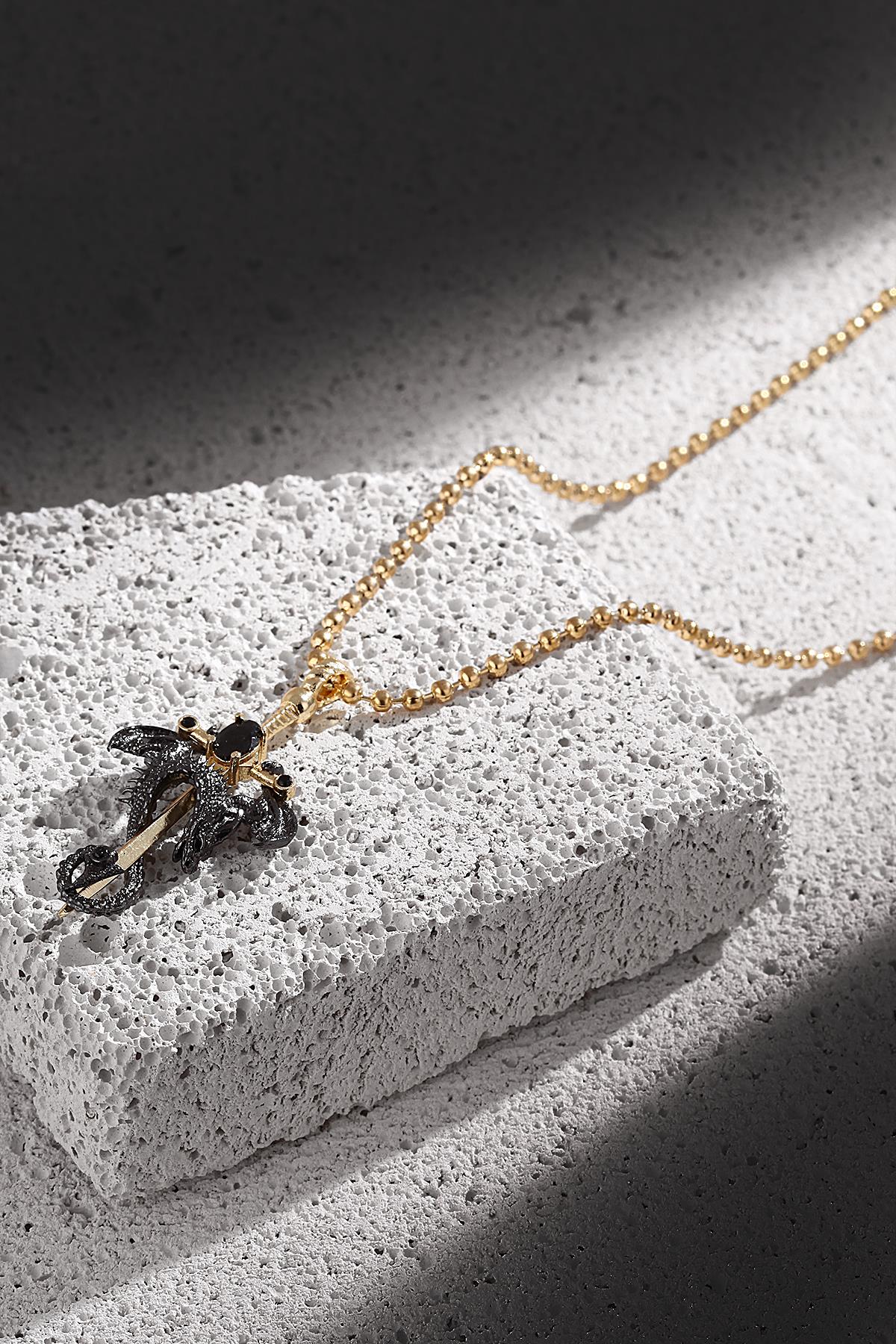 FRNCH Ejderha-Kılıç Figürlü Zirkon Taşlı Gold-Füme Renk Erkek Kolye FRJ30436-536-G2B