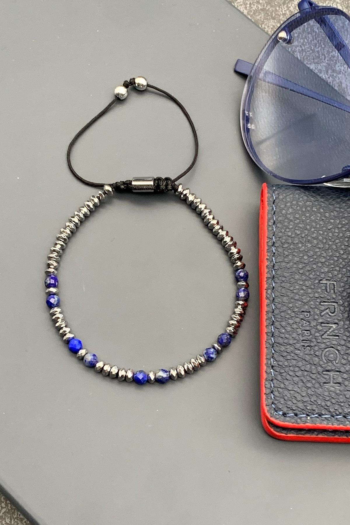 FRNCH Fasetli Lapis Lazuli Doğal Taşlı Lacivert Renkli Ayarlanabilir Makrome Erkek Bileklik FRJ11475-1575-L