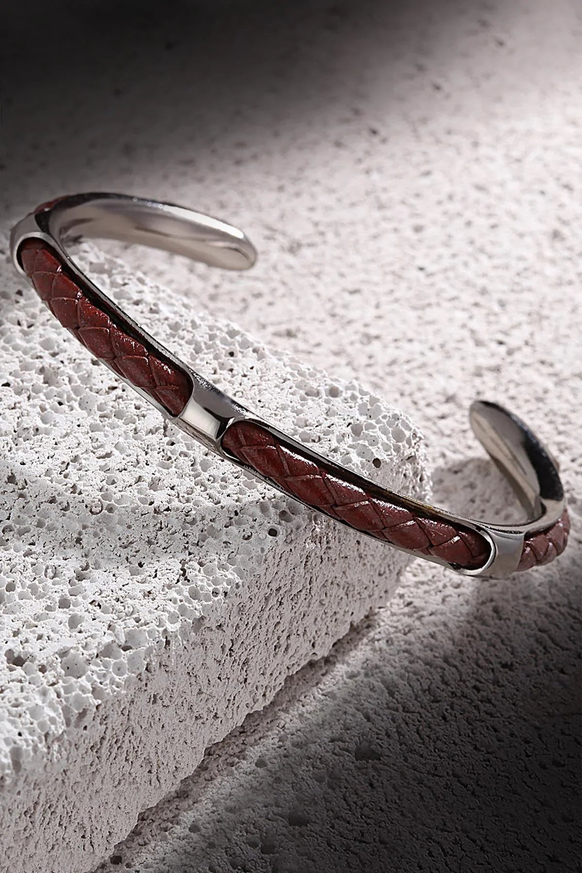 FRNCH Gerçek Erkek Deri Detaylı Handmade Erkek Kelepçe Bileklik FRJ11164-1264-BR