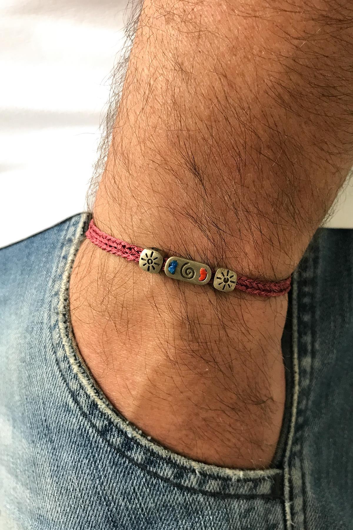 FRNCH Greek Model Bordo İpli El Yapımı Örme Erkek Bileklik FRJ20050-150-B