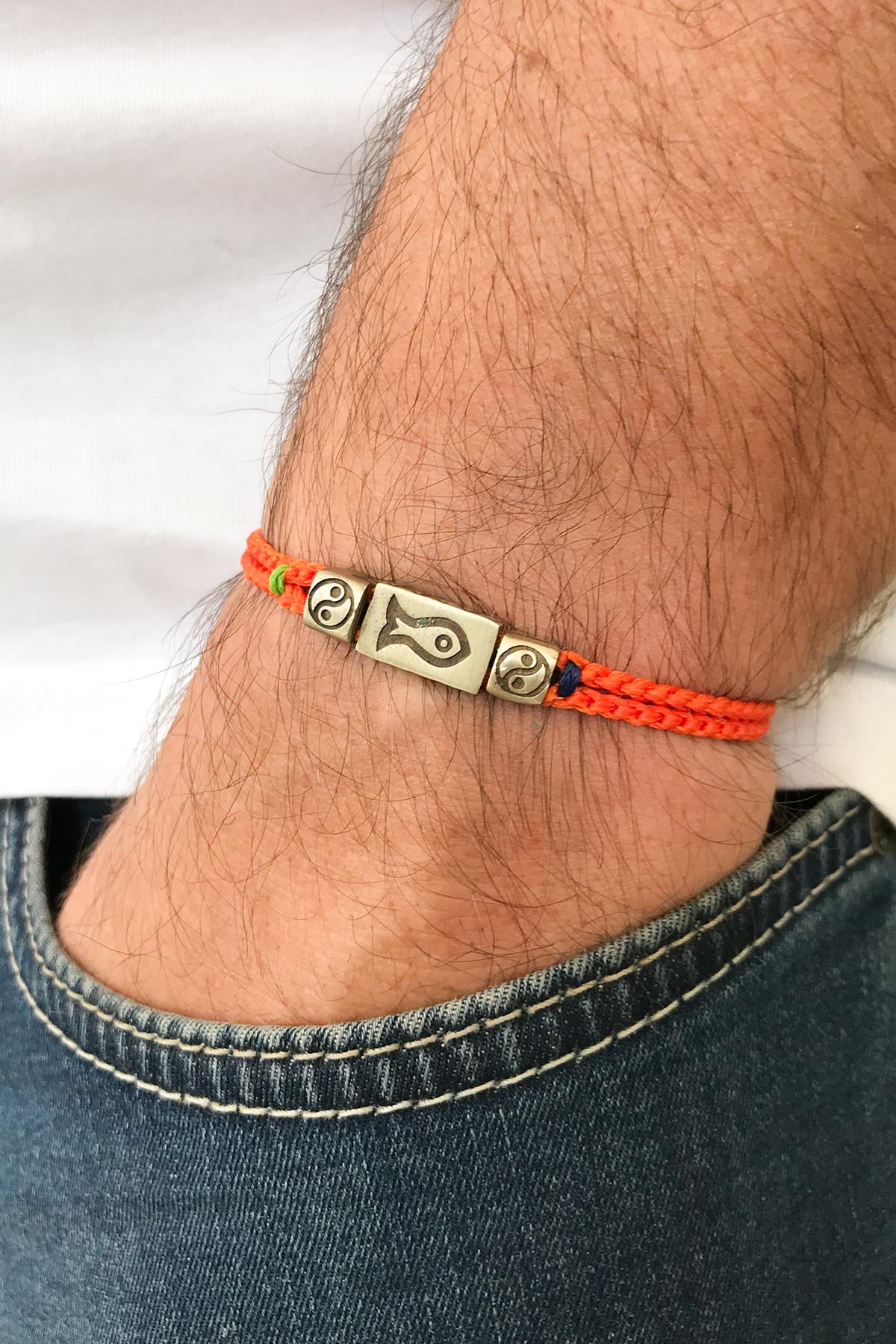 FRNCH Greek Model Turuncu İpli El Yapımı Örme Erkek Bileklik FRJ20115-215-T