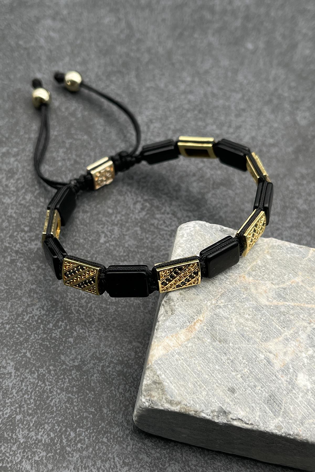 FRNCH Hematit Doğal Taşlı Zirkon Taşlı Gold Renkli Ayarlanabilir Makrome Erkek Bileklik FRJ10696-796-G