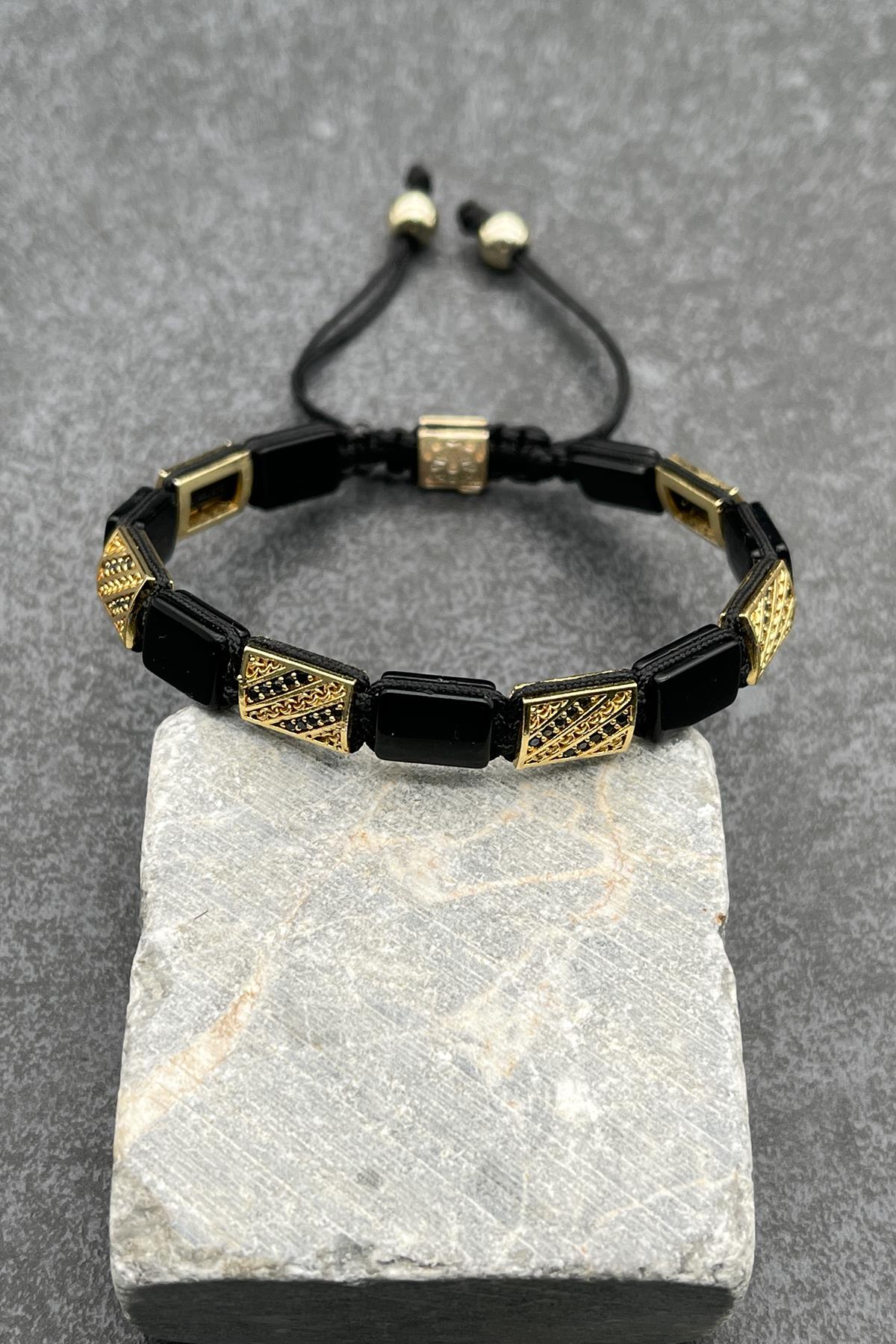 FRNCH Hematit Doğal Taşlı Zirkon Taşlı Gold Renkli Ayarlanabilir Makrome Erkek Bileklik FRJ10696-796-G