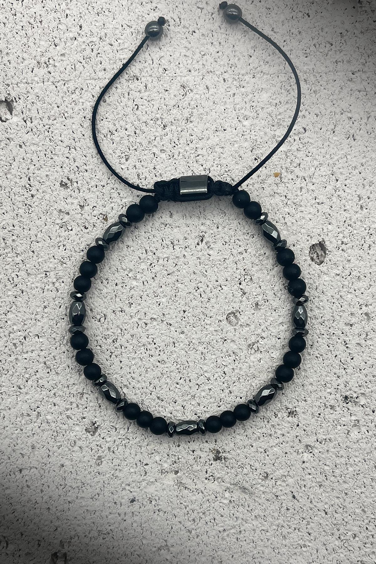 FRNCH Hematit-Onyx Taşlı Siyah Renkli Ayarlanabilir Makrome Erkek Bileklik FRJ11408-1508-B