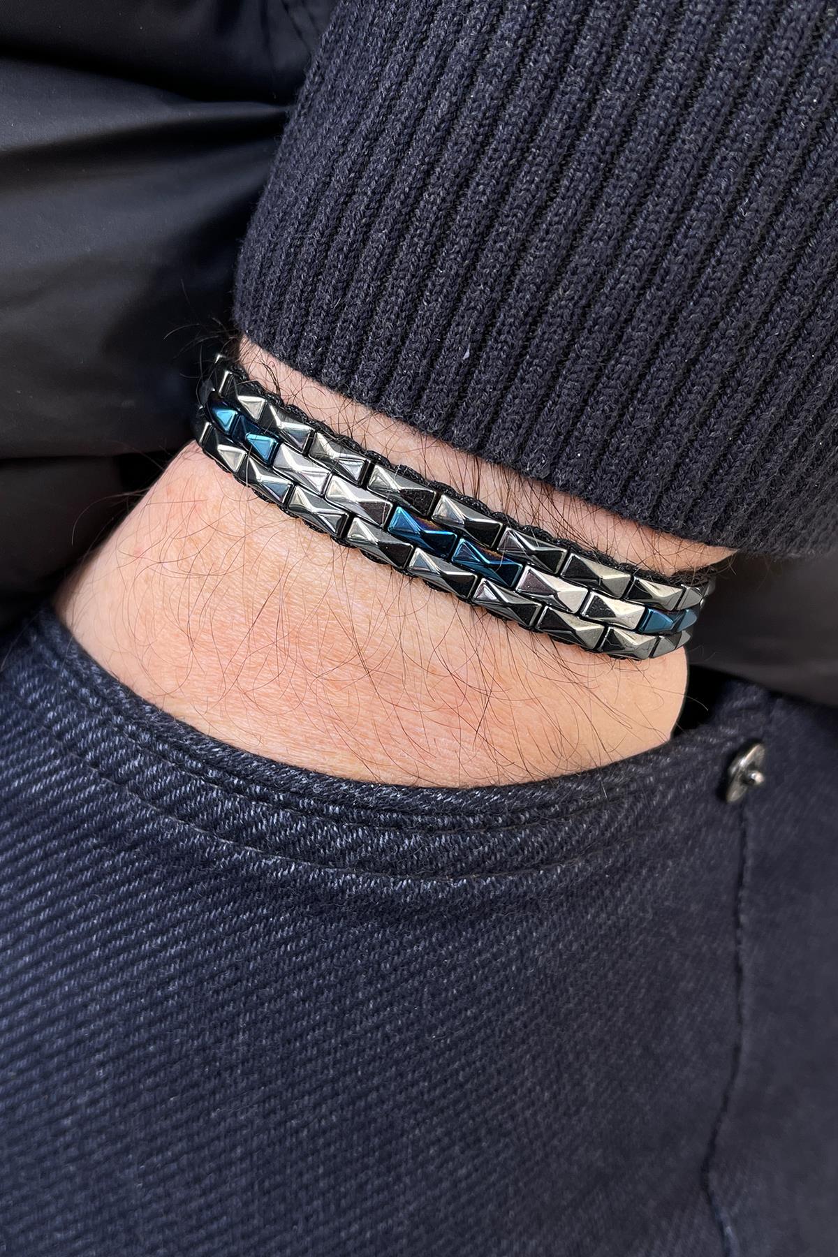 FRNCH Hematit Taşlı 3 Renkli Ayarlanabilir Makrome Erkek Bileklik FRJ11312-1412-BAL