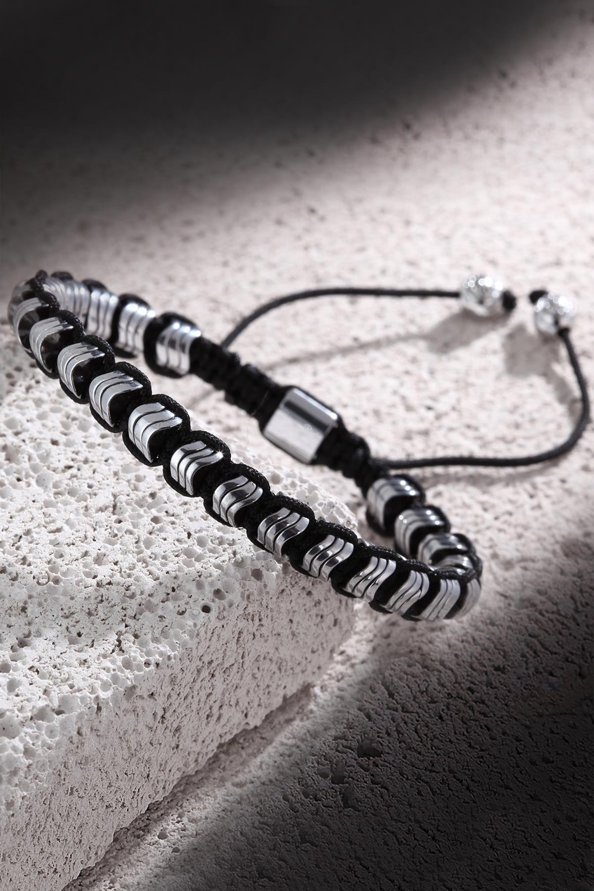 FRNCH Hematit Taşlı Erkek Handmade Silver Makrome Bileklik FRJ11099-1199-A