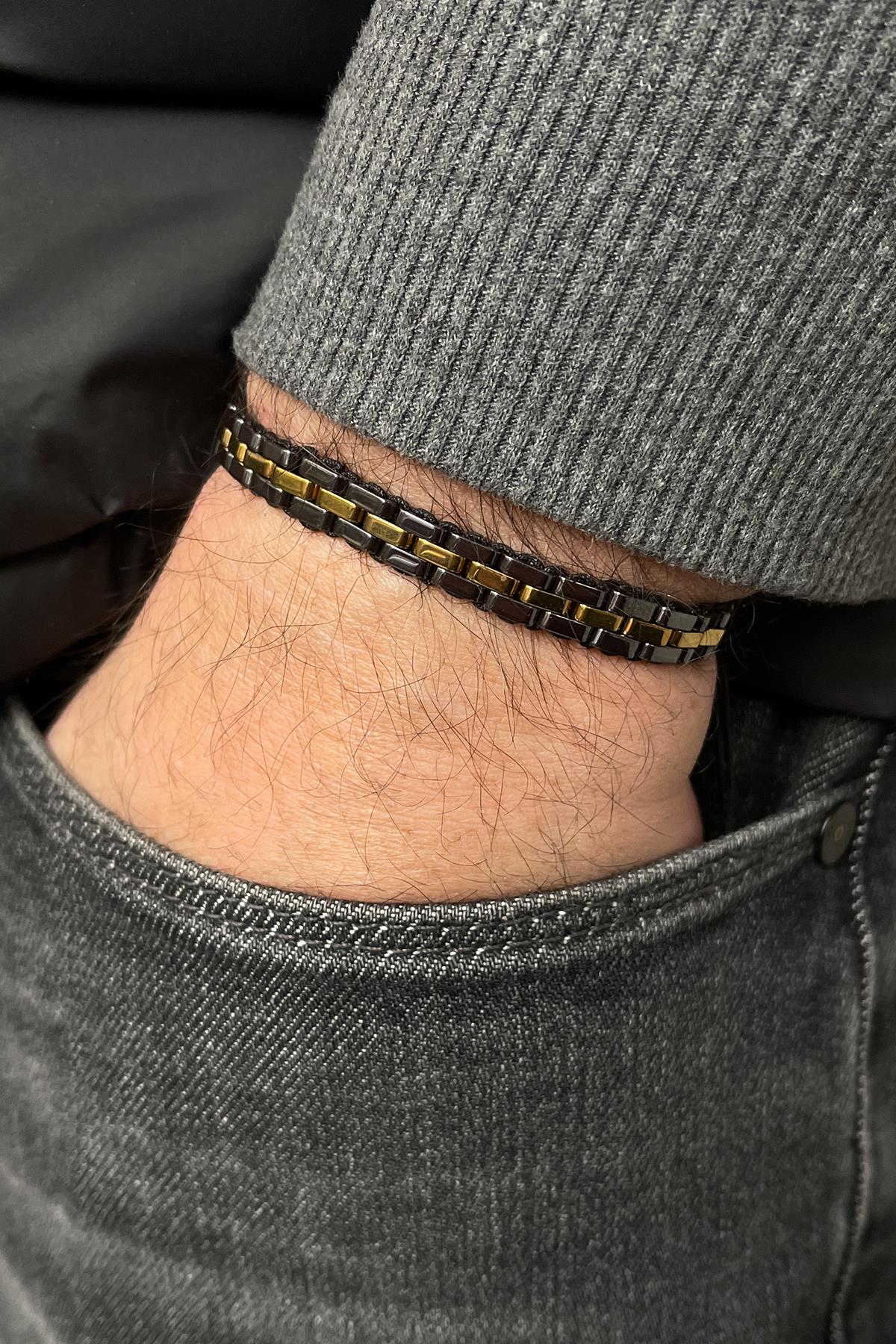 FRNCH Hematit Taşlı Füme-Gold Renkli Ayarlanabilir Makrome Erkek Bileklik FRJ11304-1404-BG