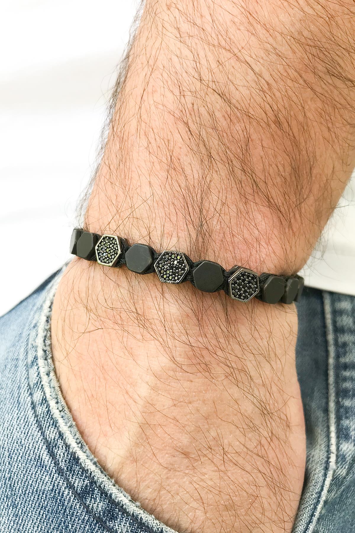 FRNCH Hematit Zirkon Taşlı Ayarlanabilir Handmade Erkek Makrome Bileklik FRJ11209-1309-B2