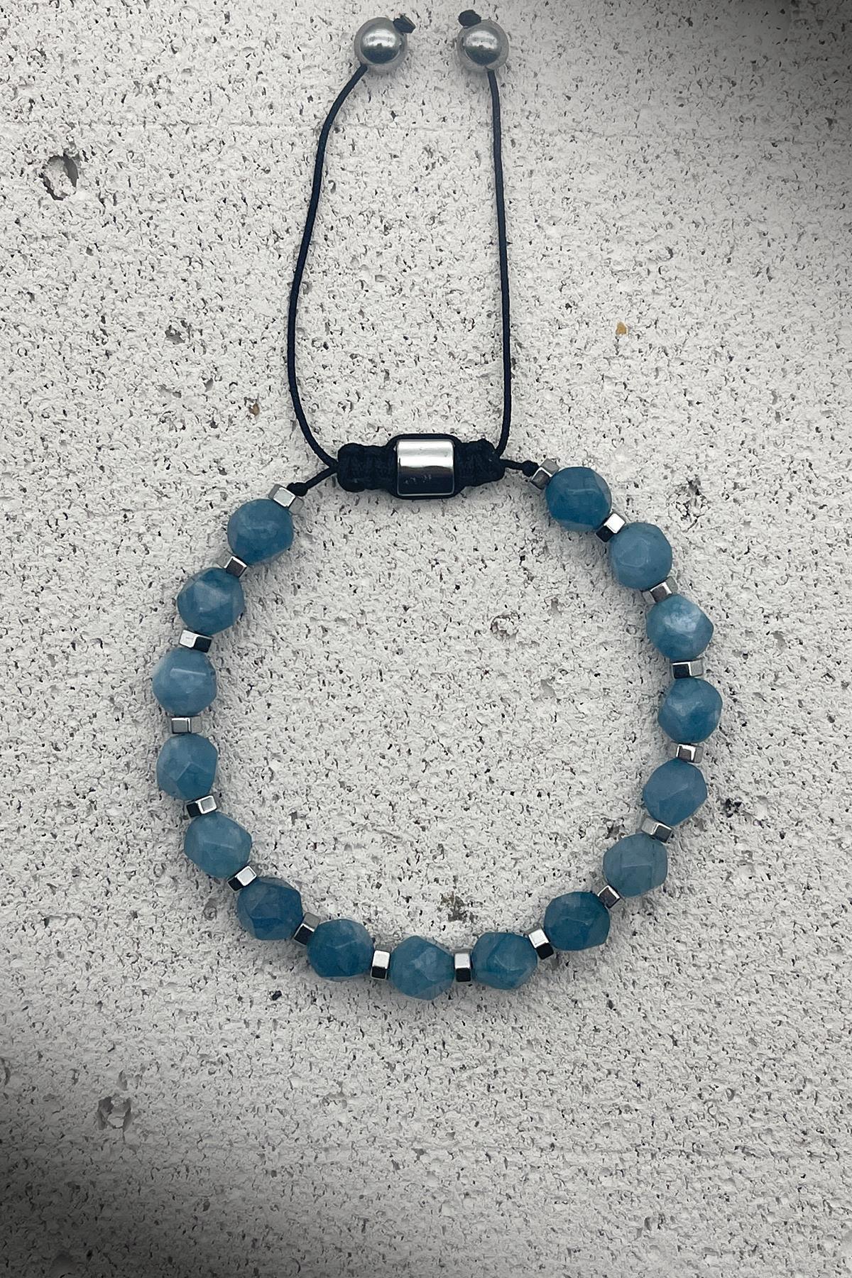 FRNCH Jade Doğal Taşlı Mavi Renkli Ayarlanabilir Makrome Erkek Bileklik FRJ11401-1501-M