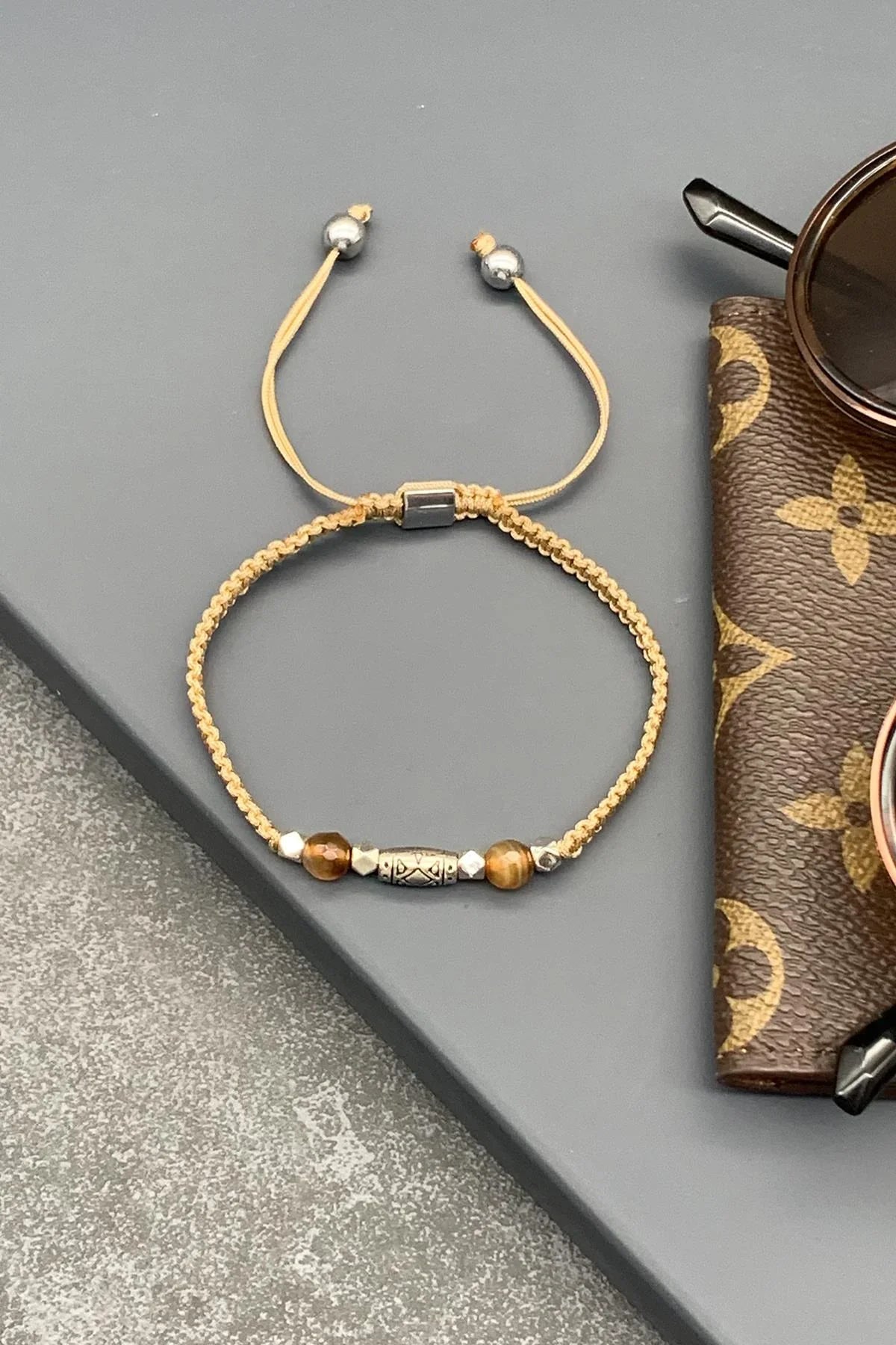 FRNCH Jade Doğal Taşlı Tibetan Model Kahverengi Renkli Ayarlanabilir Makrome Erkek Bileklik FRJ11527-1627-K