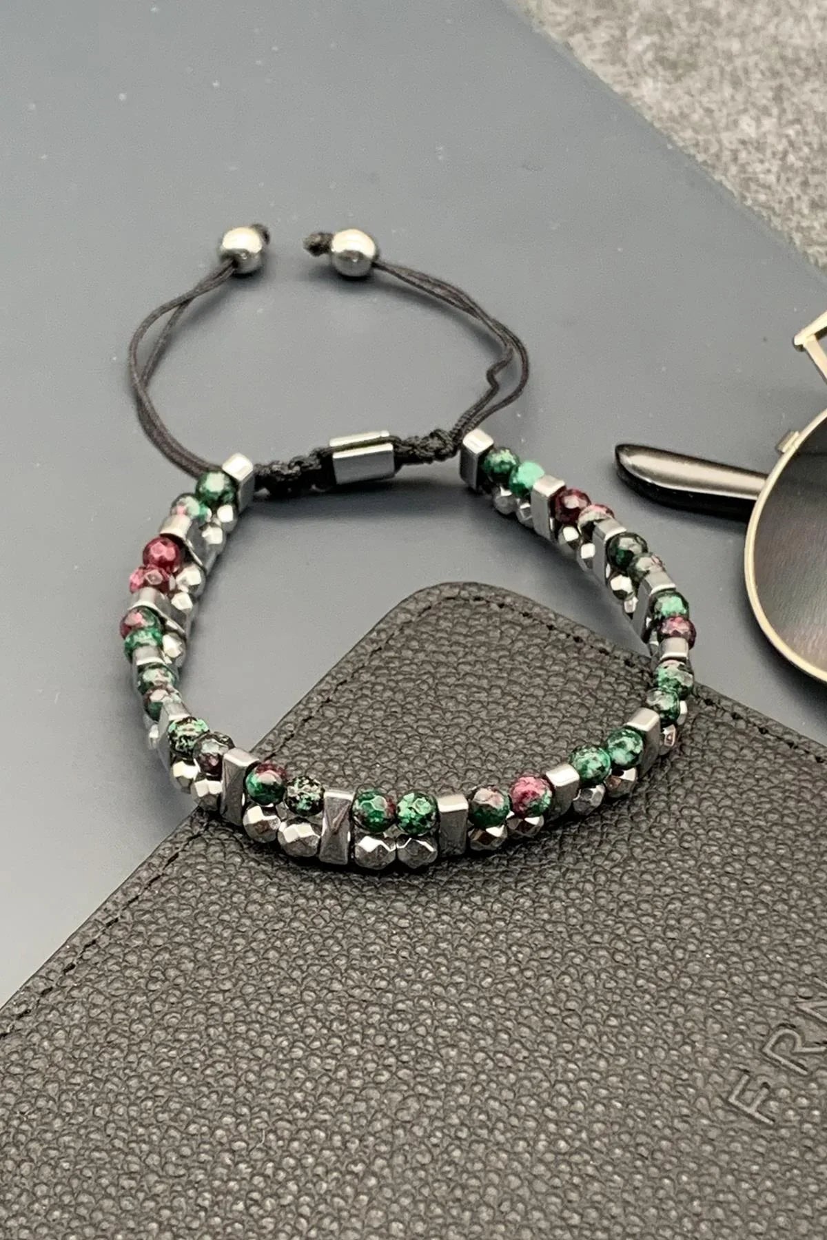 FRNCH Jade Doğal Taşlı Yeşil Renkli Ayarlanabilir Makrome Erkek Bileklik FRJ11594-1694-Y