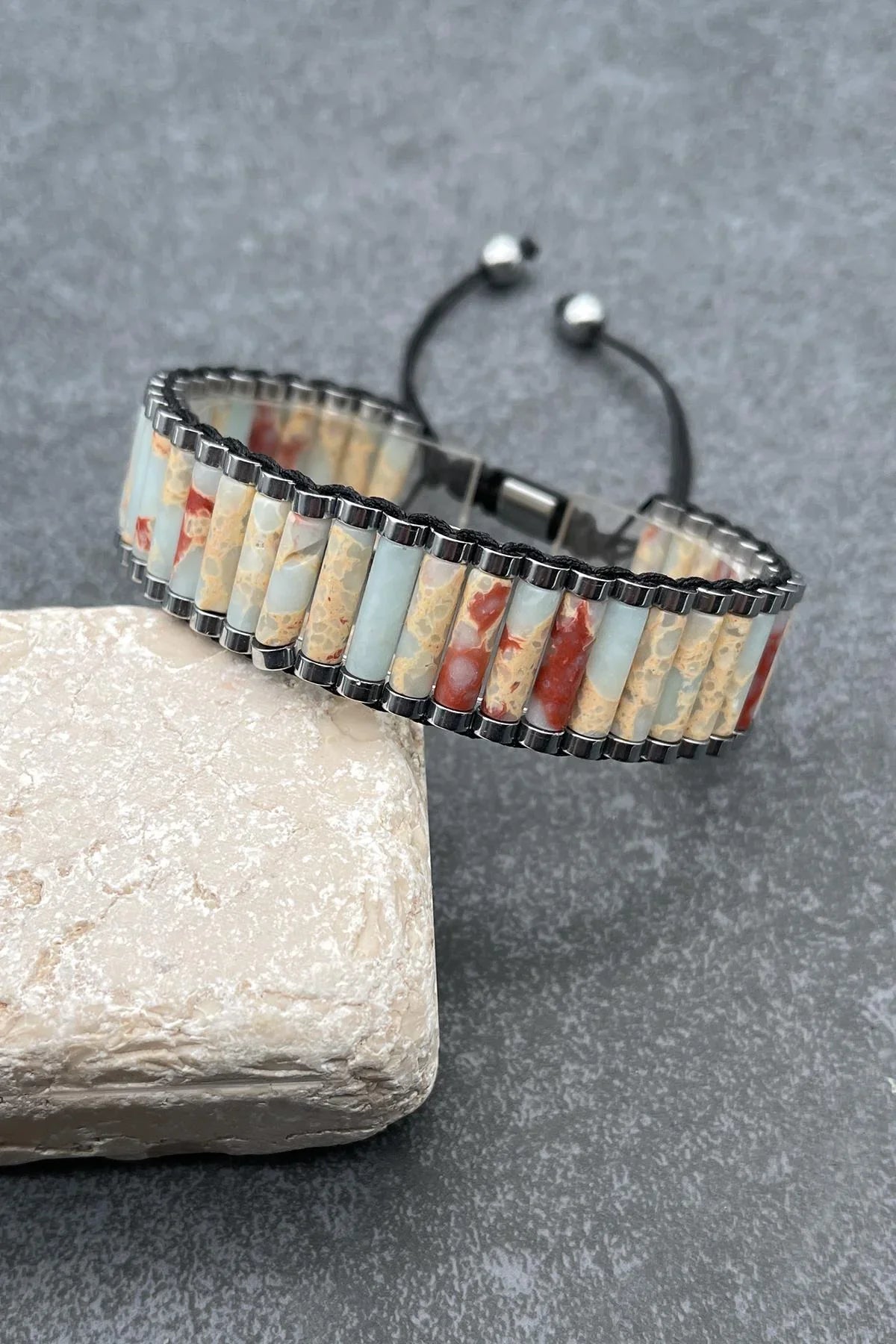 FRNCH Jumbo Model Varisit Doğal Taşlı Bej-Mavi Renkli Ayarlanabilir Makrome Erkek Bileklik FRJ11453-1553-BM