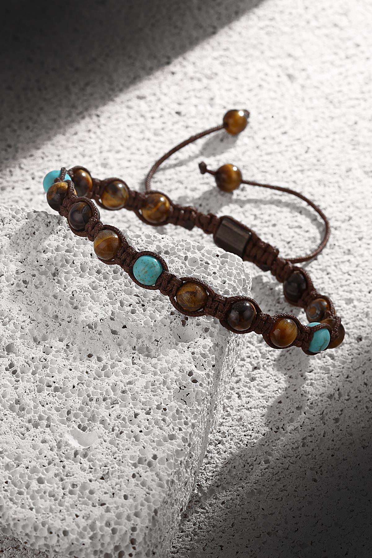 FRNCH Kaplan Gözü Taşlı Kahverengi Renk Handmade Ayarlanabilir Erkek Bileklik FRJ11260-1360-K