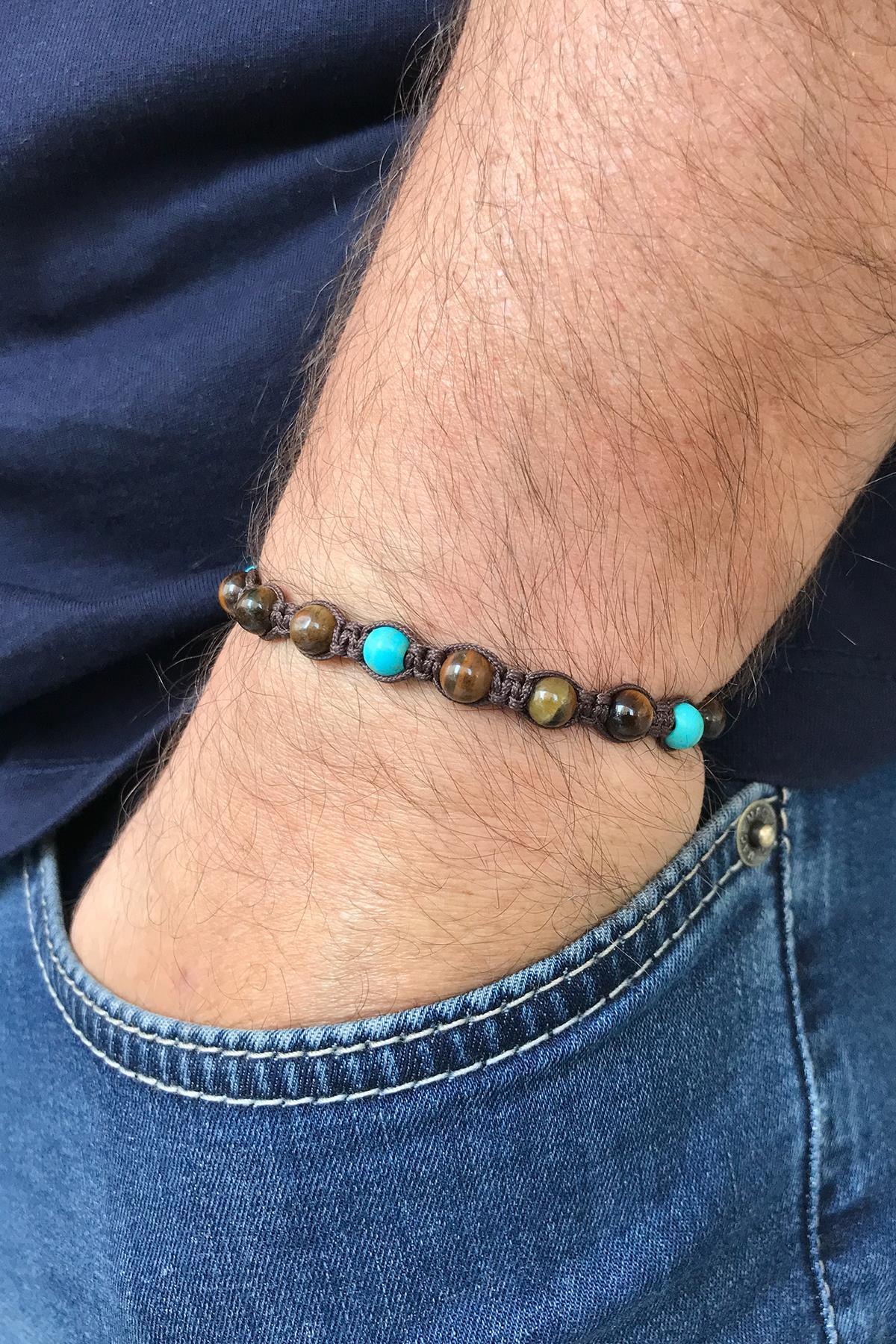 FRNCH Kaplan Gözü Taşlı Kahverengi Renk Handmade Ayarlanabilir Erkek Bileklik FRJ11260-1360-K