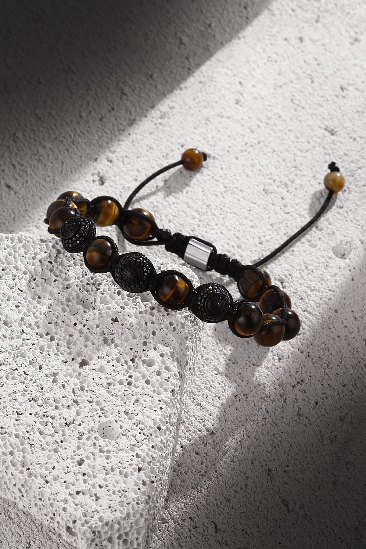 FRNCH Kaplan Gözü ve Zirkon Taşlı Ayarlanabilir Siyah Renk Handmade Erkek Bileklik FRJ11210-1310-B2