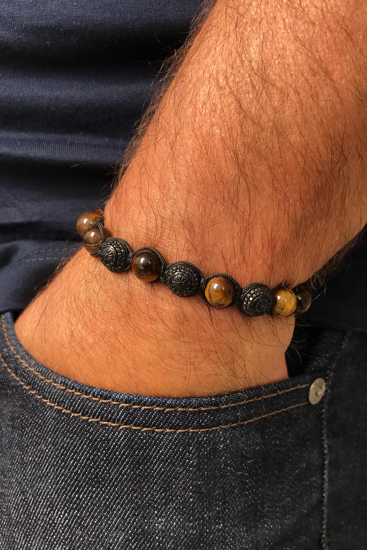 FRNCH Kaplan Gözü ve Zirkon Taşlı Ayarlanabilir Siyah Renk Handmade Erkek Bileklik FRJ11210-1310-B2