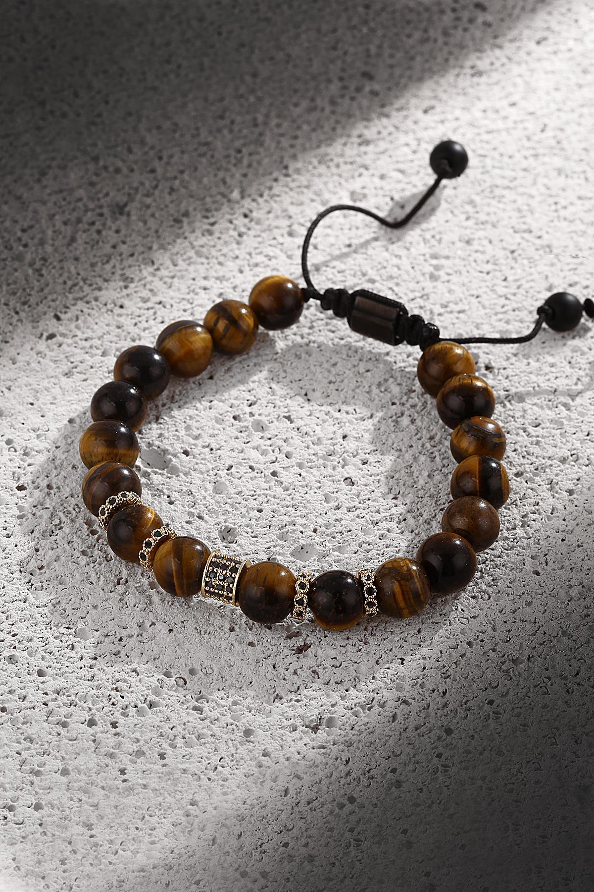 FRNCH Kaplangözü Taşlı Zirkon Taş Detaylı Ayarlanabilir Erkek Handmade Bileklik FRJ11242-1342-G