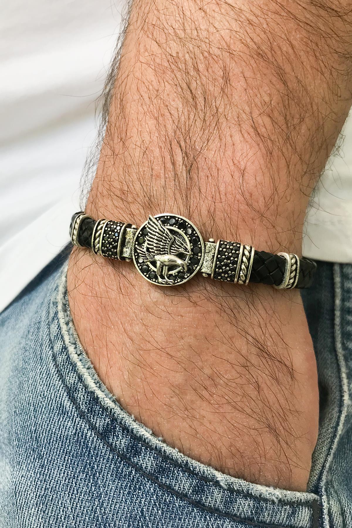 FRNCH Kartal Figürlü Zirkon Taşlı Eskitme Renkli Gerçek Deri Erkek Bileklik FRJ11205-1305-A2